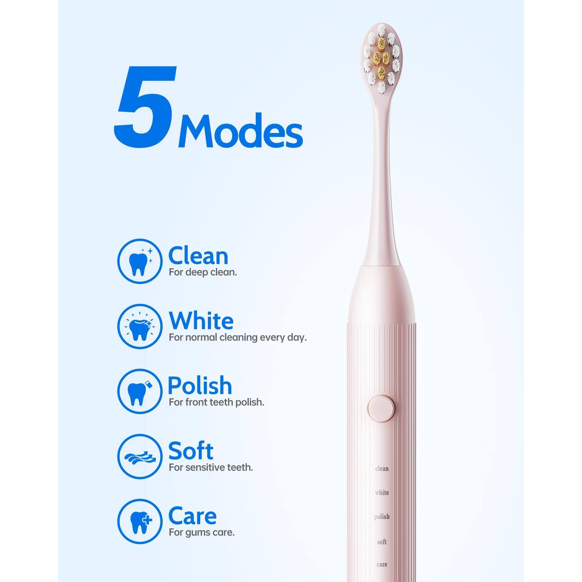 5 Modes

Clean  
For deep clean.

White  
For normal cleaning every day.

Polish  
For front teeth polish.

Soft  
For sensitive teeth.

Care  
For gums care.