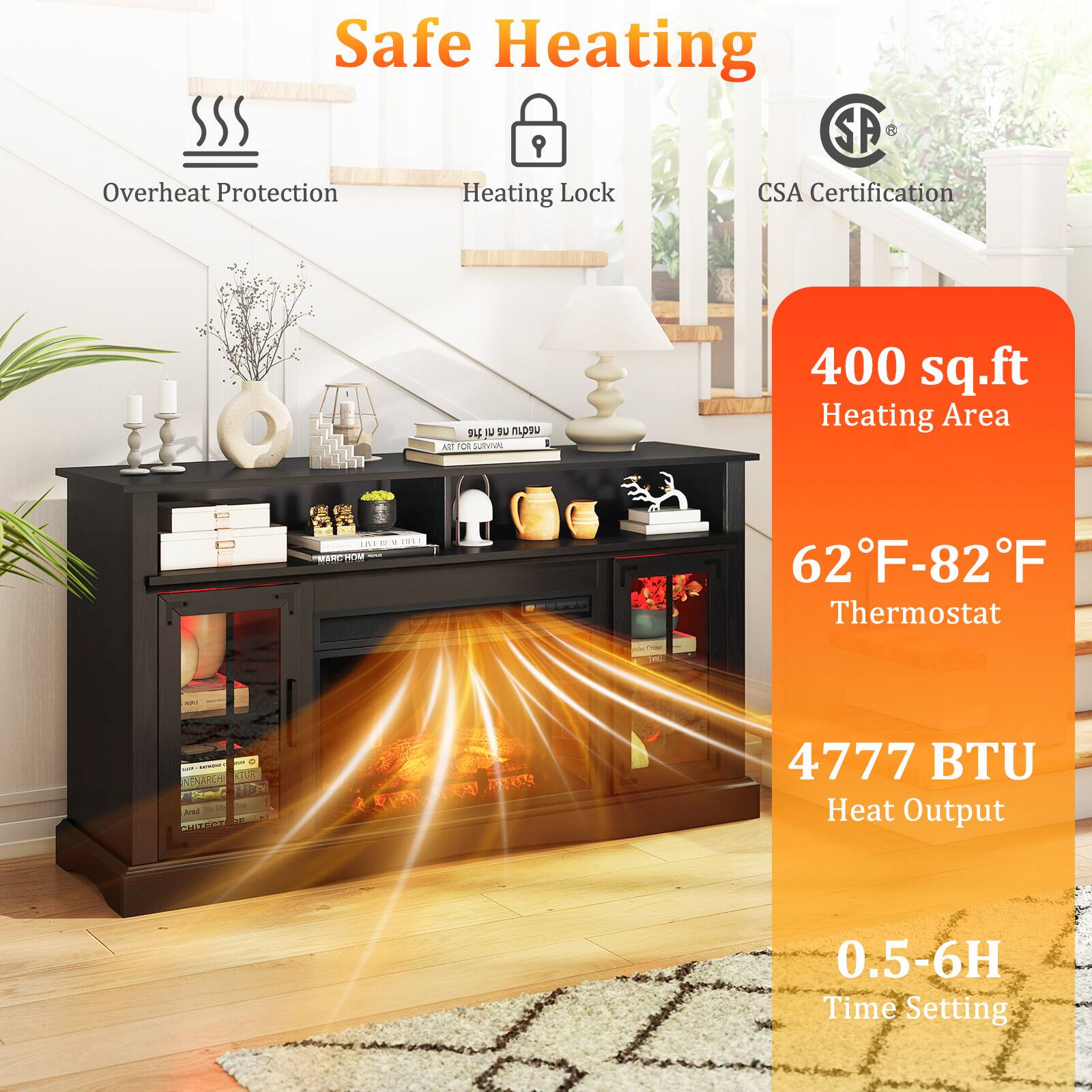 Safe Heating, SP & Overheat Protection, Heating Lock, CSA Certification, 400 sq.ft Heating Area, 62°F-82°F Thermostat, 4777 BTU Heat Output, 0.5-6H Time Setting.