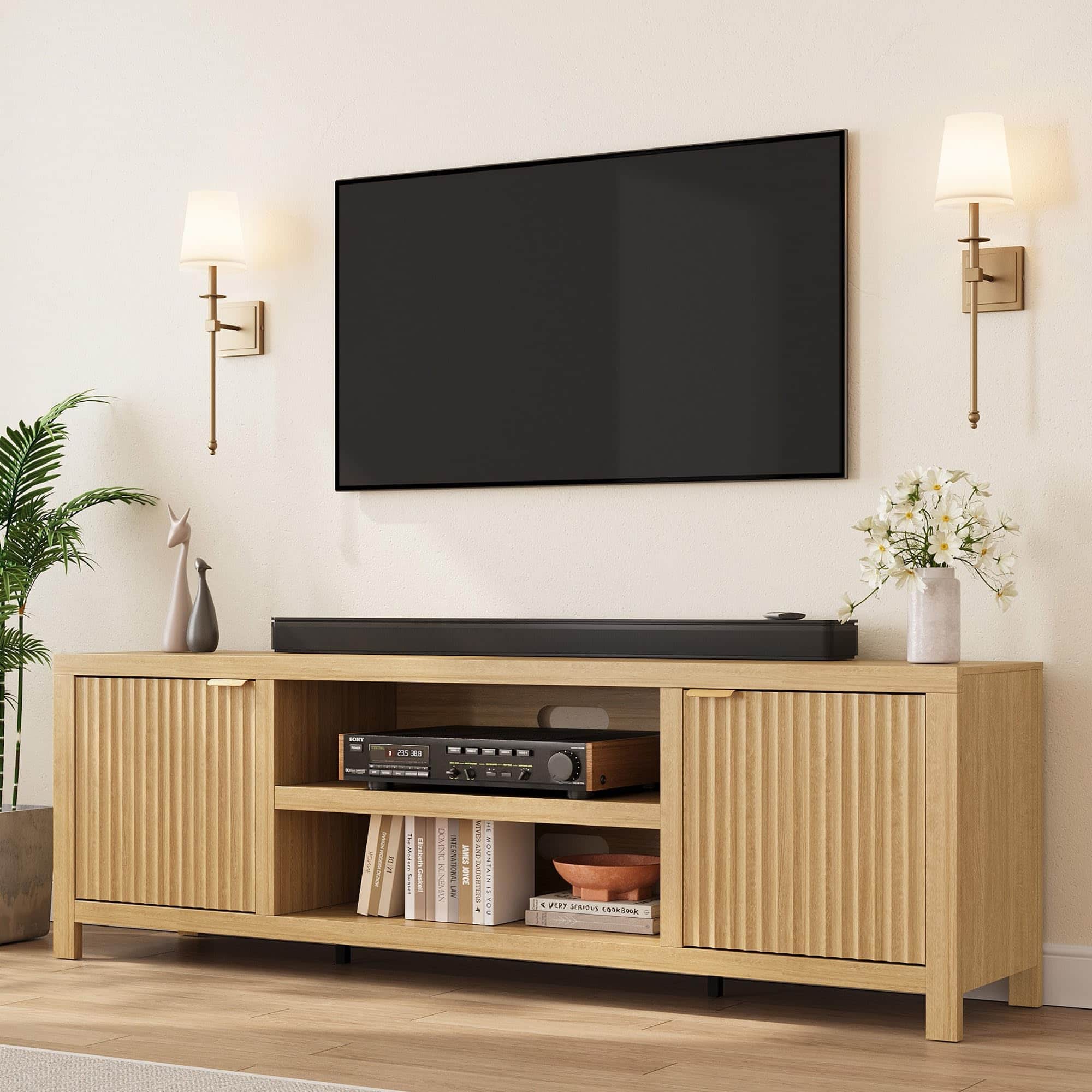 Qeetex - 70" Fluted TV Stand for 80 Inch TV, Modern Wooden Media Console with Storage, Gold Handles & Fluted Doors - Natural