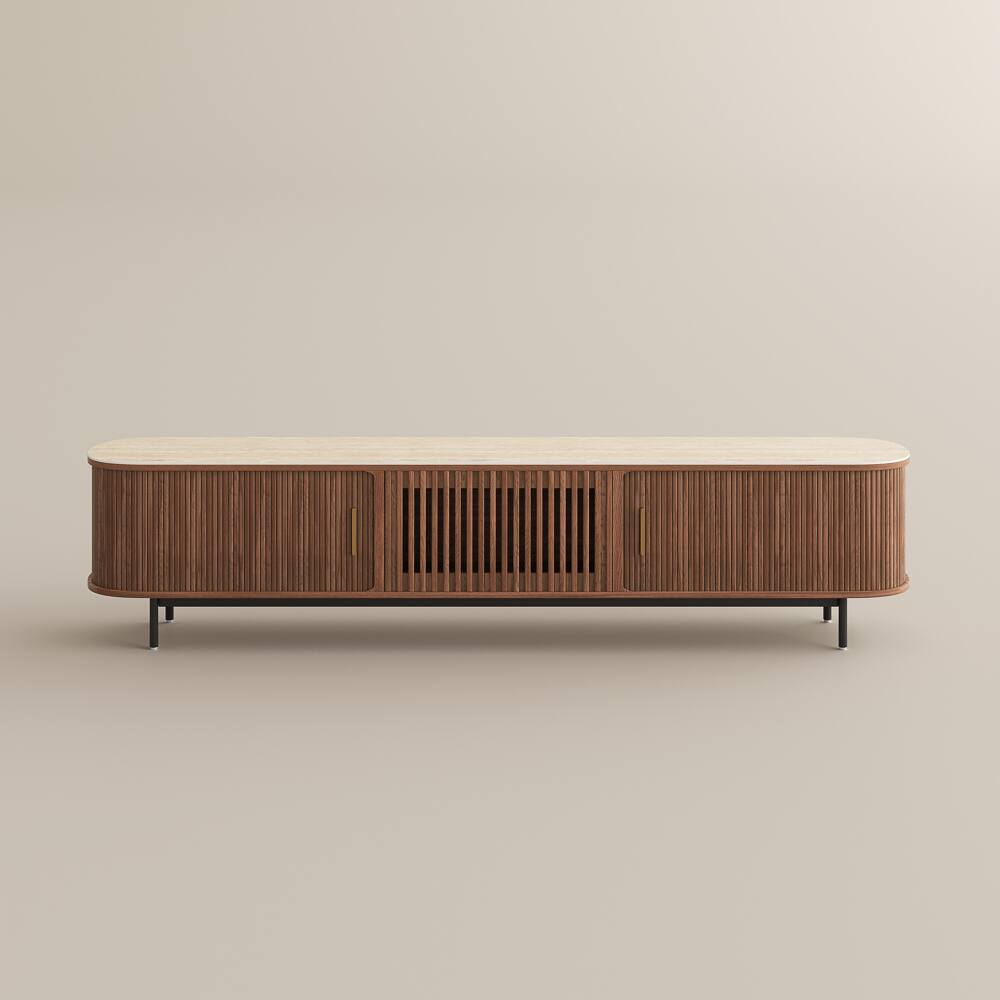Alt View 8. POVISON - 94"Mid-Century Modern Sintered Stone Tabletop TV Stand - Walnut with Sintered Stone.