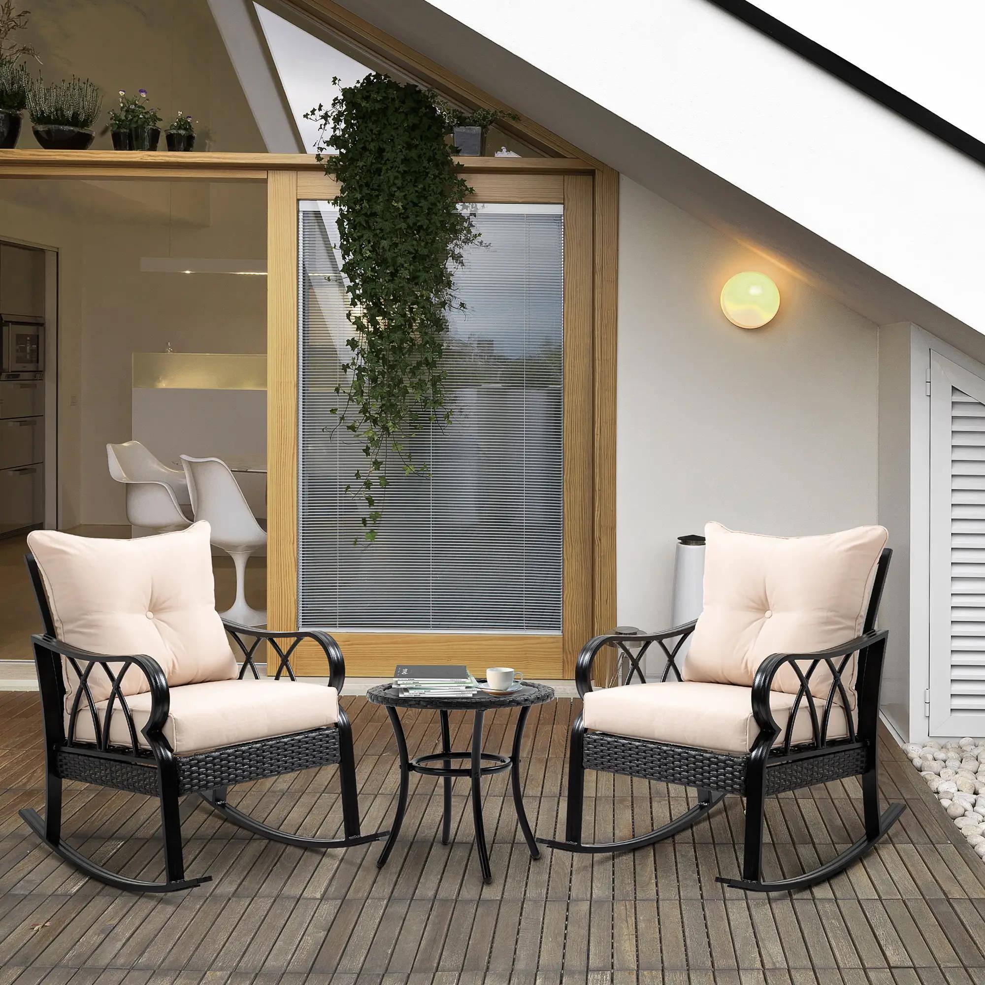 Alt View 7. Resenkos - Resenkos 3-Piece Rocking Chair Bistro Set, Two Rocking Chairs And A Round Side Table, PE Rattan, Brown - Brown.