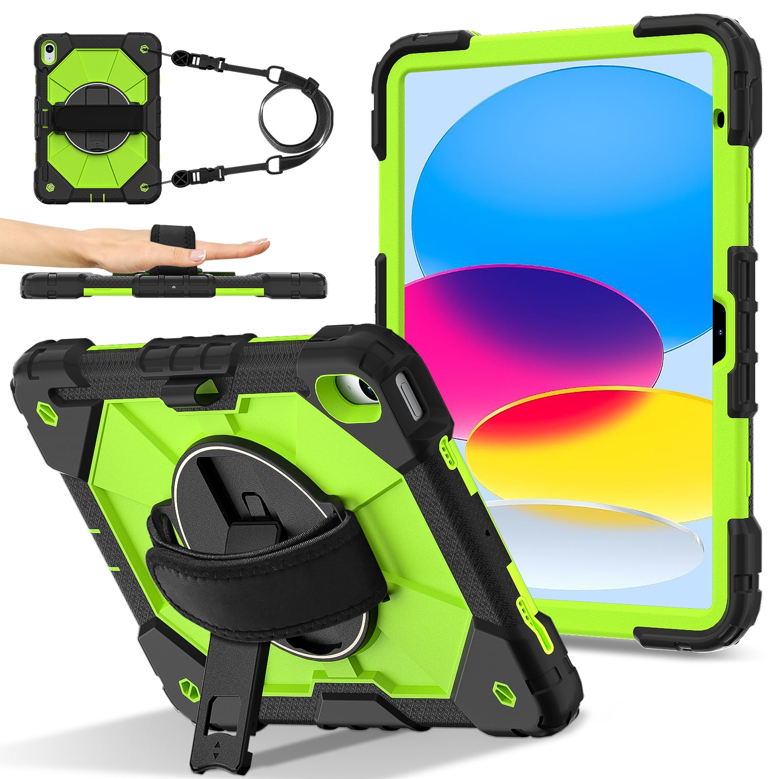 "Dteck - for Apple iPad (A16) 11"" 2025 Kickstand 360° Rotating Handstrap Shockproof Rugged Hybrid Case+Shoulder Strap - Black Green" price history on PriceWatchPro