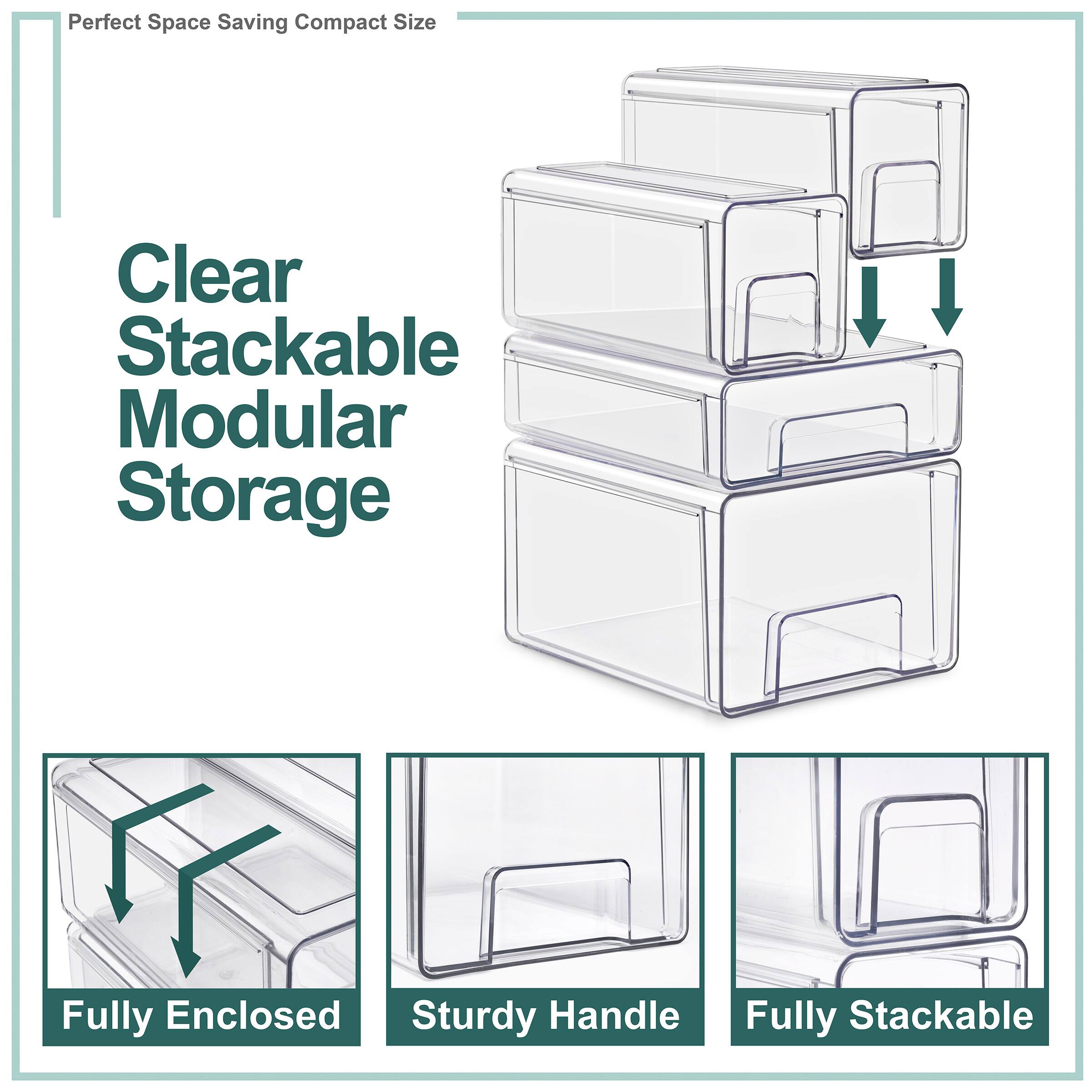 Perfect Space Saving Compact Size

Clear Stackable Modular Storage

- Fully Enclosed
- Sturdy Handle
- Fully Stackable