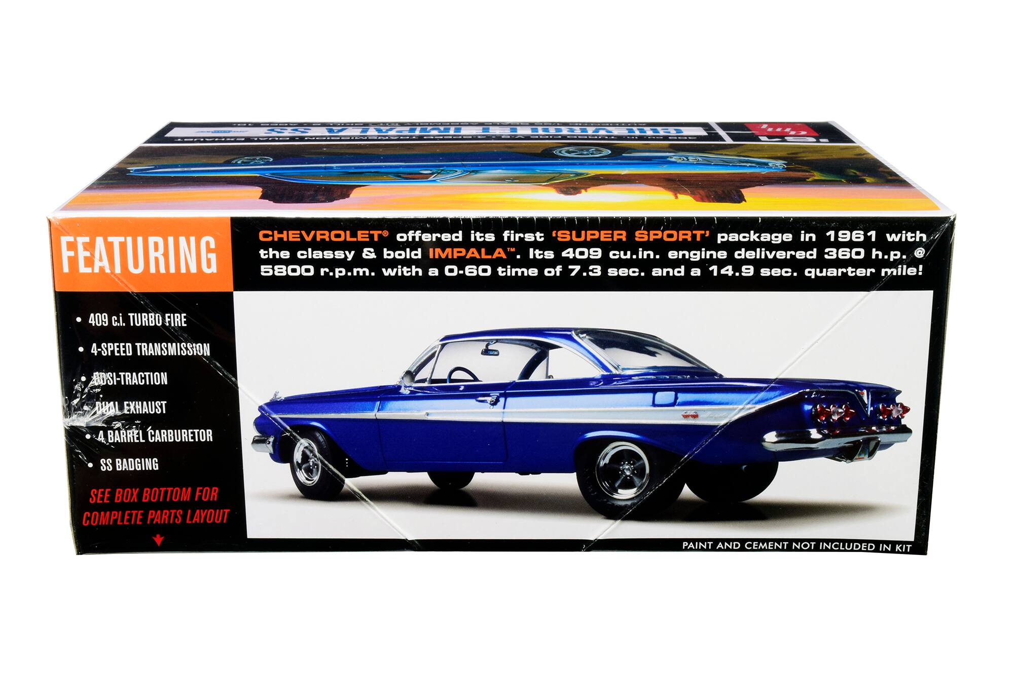 **FEATURING**

**CHEVROLET®** offered its first 'SUPER SPORT' package in 1961 with the classy & bold IMPALA™. Its 409 cu.in. engine delivered 360 h.p. @ 5800 r.p.m. with a 0-60 time of 7.3 sec. and a 14.9 sec. quarter mile!

- 409 c.i. TURBO FIRE
- 4-SPEED TRANSMISSION
- BDSI-TRACTION
- DUAL EXHAUST
- 4 BARREL CARBURETOR
- SS BADGING

SEE BOX BOTTOM FOR COMPLETE PARTS LAYOUT

PAINT AND CEMENT NOT INCLUDED IN KIT