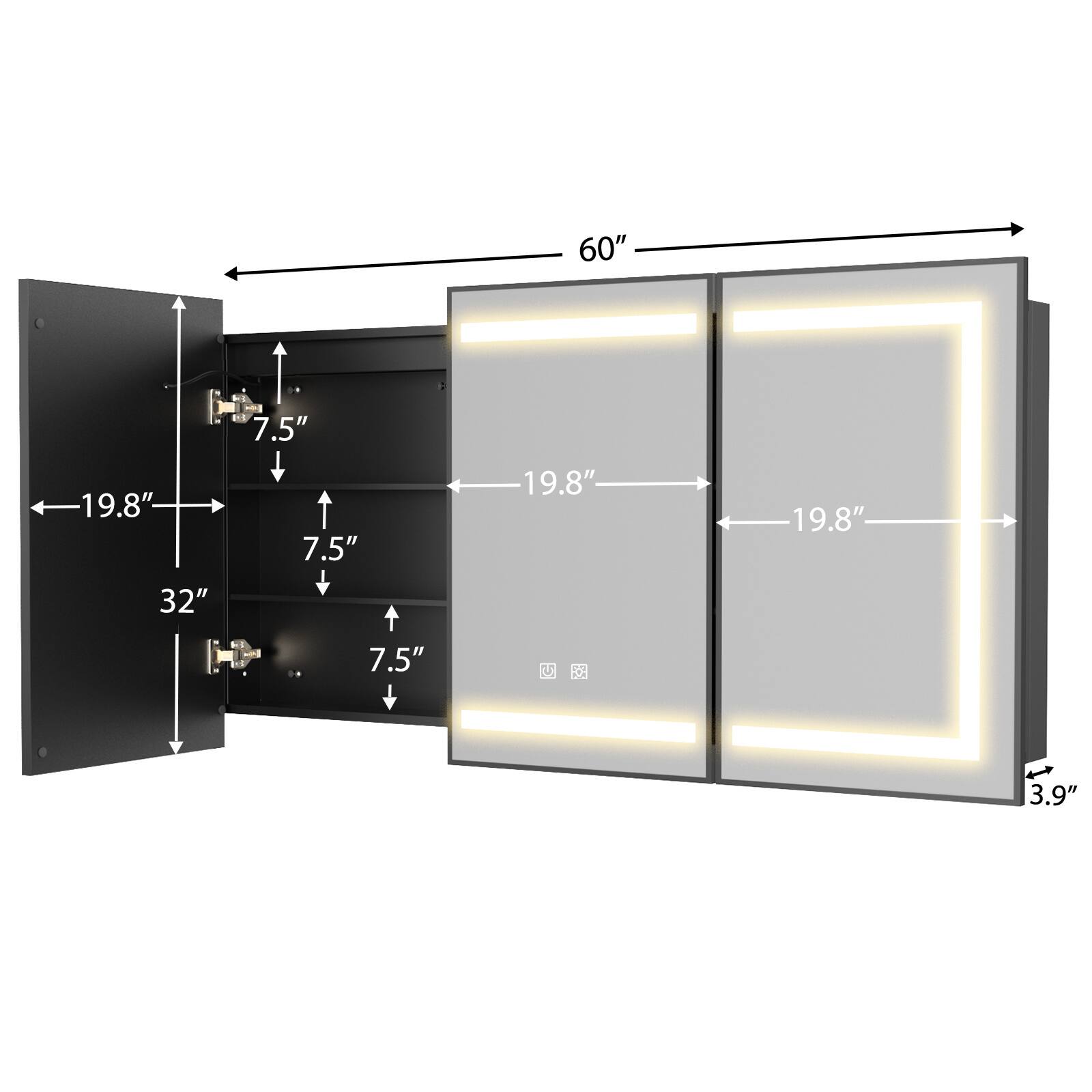 Angle. LOVMOR - LOVMOR 60x32 in. Surface Mount Brushed Gold Steel Triple Door Tempered Glass Medicine Cabinet with Soft Close - Gloden.