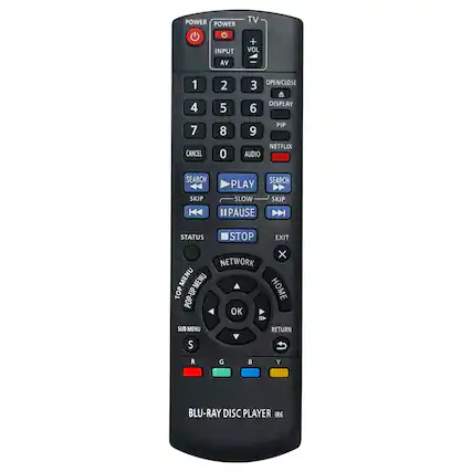 POWER POWER G INPUT TV + VOL AV I 1 2 3 OPEN/CLOSE 4 5 6 DISPLAY 7 8 9 PIP CANCEL 0 NETFLIX AUDIO SEARCH PLAY SEARCH SKIP SLOW PAUSE SKIP STATUS STOP EXIT x NETWORK MENU MENU TOP POP-UP HOME OK SUB MENU RETURN S R G Y BLU-RAY DISC PLAYER IR6
