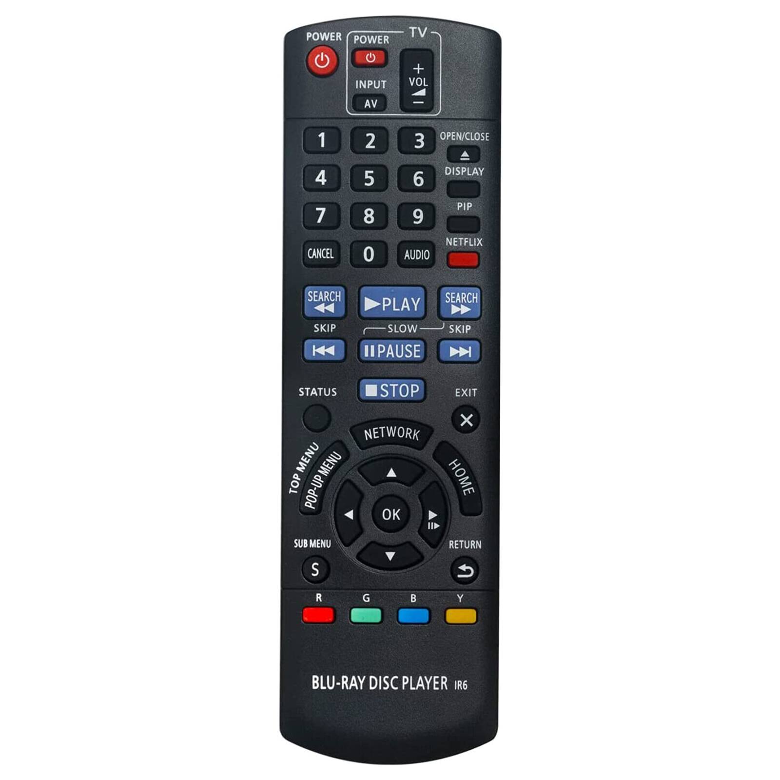 POWER POWER G INPUT TV + VOL AV I 1 2 3 OPEN/CLOSE 4 5 6 DISPLAY 7 8 9 PIP CANCEL 0 NETFLIX AUDIO SEARCH PLAY SEARCH SKIP SLOW PAUSE SKIP STATUS STOP EXIT x NETWORK MENU MENU TOP POP-UP HOME OK SUB MENU RETURN S R G  Y BLU-RAY DISC PLAYER IR6