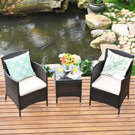 Gymax - 3PCS Patio Rattan Chair & Table Furniture Set Outdoor w/ Cushion - Beige