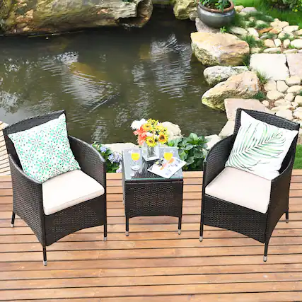 Front. Gymax - Gymax 3PCS Patio Rattan Chair & Table Furniture Set Outdoor w/ Beige Cushion - Beige.