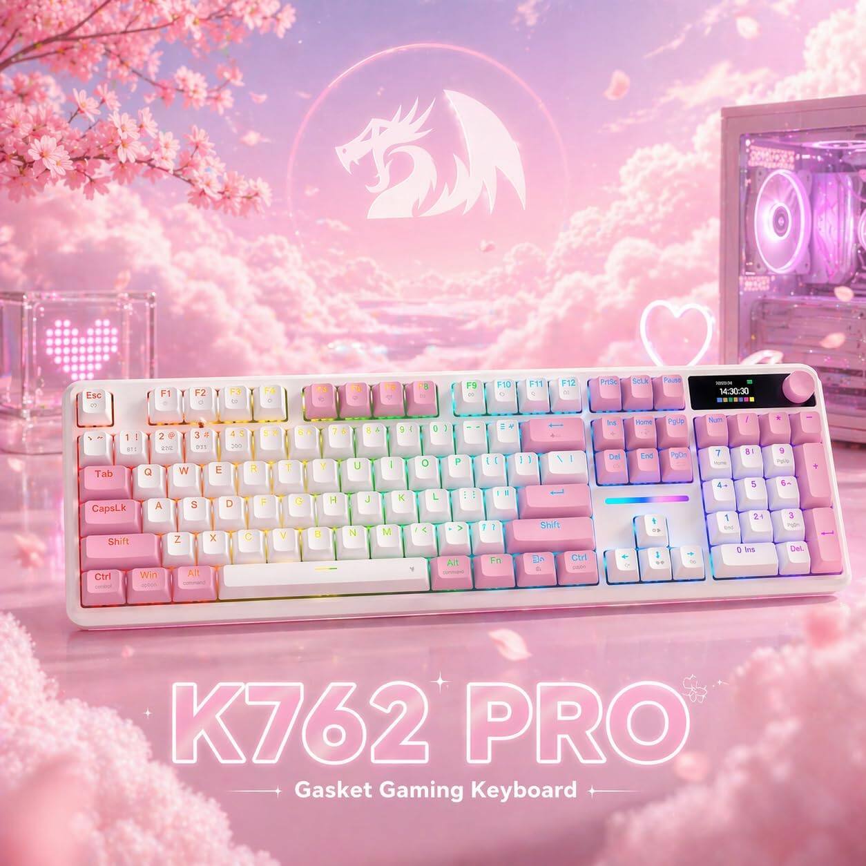 Esc  
F1 0  
F2 0  
F3  
F6 :  
F9  
F10 9  
F11 2%  
F12  
PriSc  
Sclk  
Pauso  
sere 14:30:30  
2 3 4 232 300 870 Q W E R Tab A S D CapsLk Z X C Shift Ctrl Win Alt  
6 T G V  
7 Y H 8  
U J N  
I M  
94 K 1  
U 0 L  
: P ... > Alt  
DI (( 1 Fn  
/ I Shift Ctrl same  
Ins Home PgUp Del End PgDn  
ml 1 81 York 4- 5 1 24 And 2 Ins  
E 9 Polite 6+ 3 Pg0n Del.  
+  
K762 PRO Gasket Gaming Keyboard