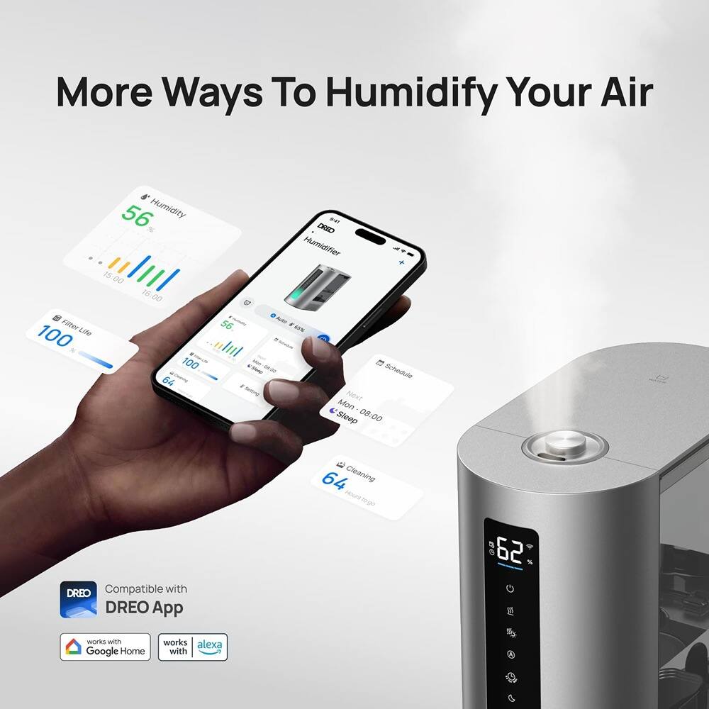 More Ways To Humidify Your Air

56 Humidity %  
15:00 16:00  
Fizer Life 100 100 64 56  
mUT DRID Humidifier  
Aude a SN MN  
C - Schedule wong Next Mon Sleep 08:00 5 64  
Cleaning MourE 30-g0 DREO  
Compatible with DREO App  
B 62 % works with Google Home works alexa with