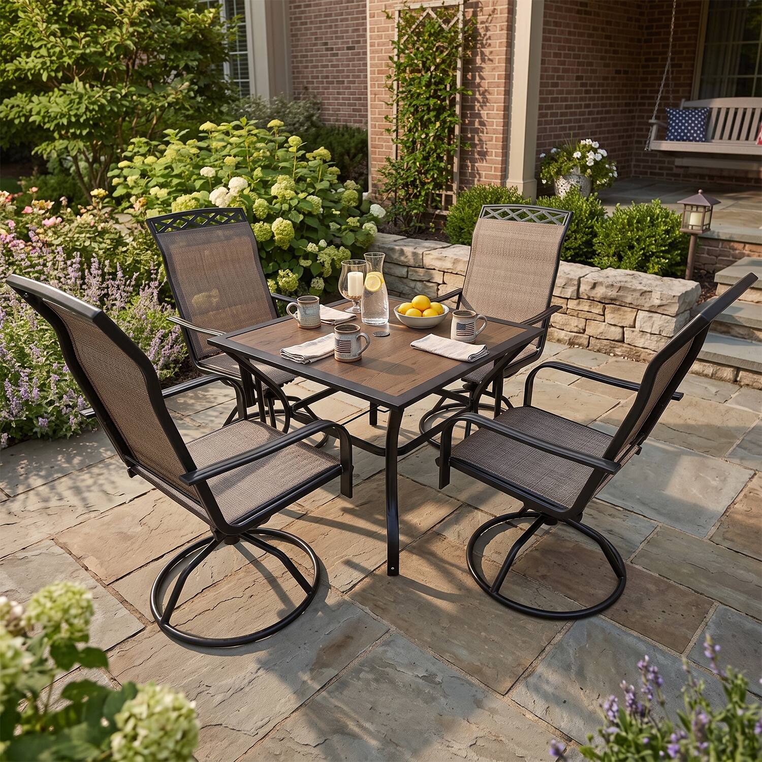 Angle. Yardgrace - 5 Pieces Outdoor Patio Dining Set,with 4-Piece  Swivel Patio Rocking Chairs,1 dining table with an umbrella hole - Brown.