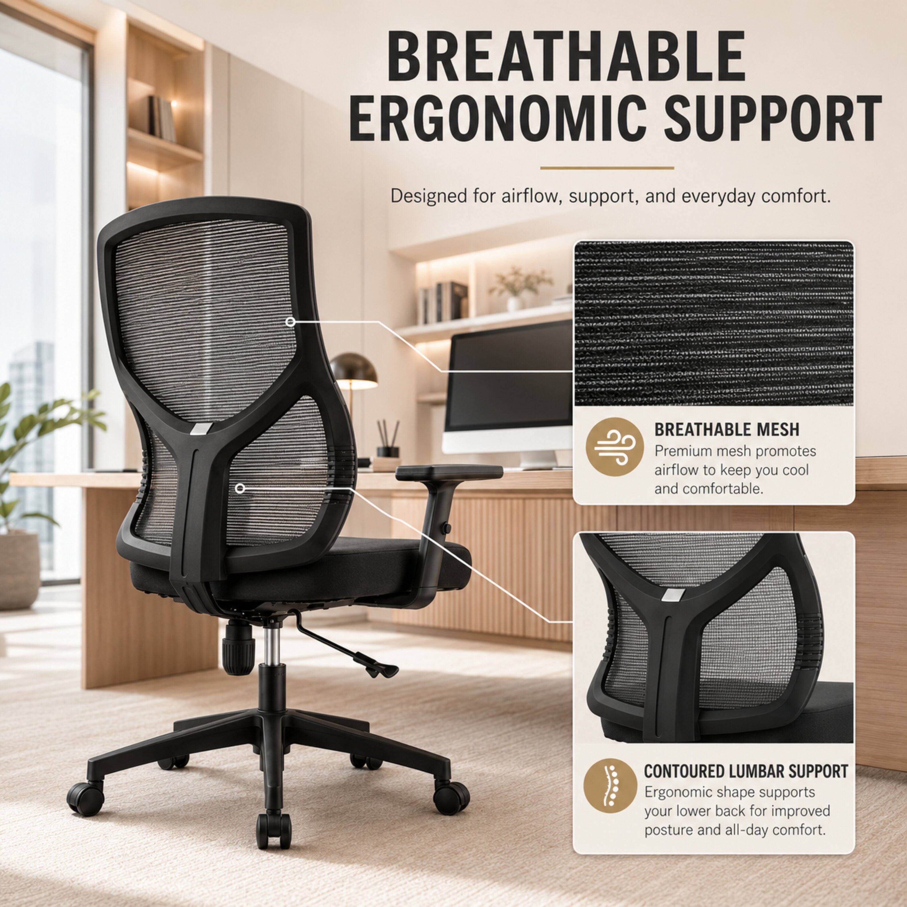 BREATHABLE ERGONOMIC SUPPORT  
Designed for airflow, support, and everyday comfort.  

BREATHABLE MESH  
Premium mesh promotes airflow to keep you cool and comfortable.  

CONTOURED LUMBAR SUPPORT  
Ergonomic shape supports your lower back for improved posture and all-day comfort.