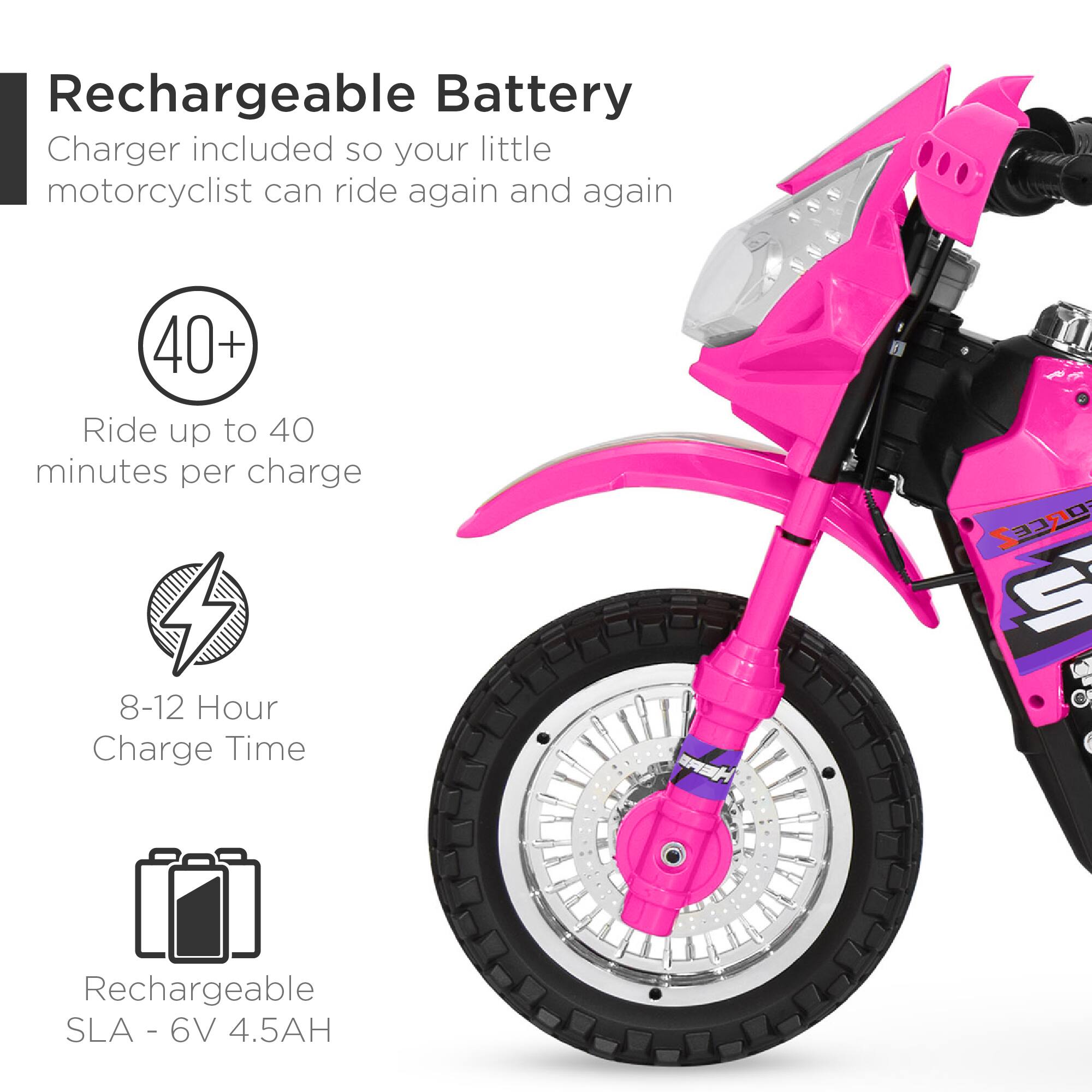 Rechargeable Battery Charger included so your little motorcyclist can ride again and again. Ride up to 40+ minutes per charge. 8-12 Hour Charge Time. Rechargeable SLA - 6V 4.5AH.