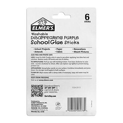 ELMER'S  
Washable Disappearing PURPLE School Glue Sticks  
6 sticks  

USES:  
- School Projects  
- Paper  
- Artwork  
- Decorations  
- Fabric  
- Mount Pictures  

ACID FREE AND PHOTO SAFE  
Washes easily off hands and out of clothes. The purple color is easy to see when applying but dries fast and colorless.  

TO OPEN/CLOSE:  
Pull S cap with twisting motion. Turn base dockwise to raise stick counter clockwise to retract. After use, replace cap tightly to prevent drying product out.  

APPLICATION:  
Spread glue evenly on one surface. Combine immediately and press down. For stronger bond, apply to both surfaces.  

CLEAN-UP:  
Wipe excess with a damp cloth. If necessary, soap and water may be used.  

KEEP FROM FREEZING  

Visit us at www.elmers.com  
Download Einer's 1ST DAY APP to capture & share good memories.  
the1stDay.com  

Y09A301X  

ELMER'S PRODUCTS INC  
PEWY, OH  
MADE IN CHINA  

No. ESTE AP 26000 00578