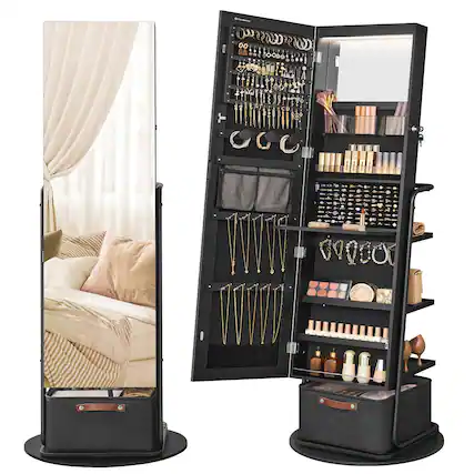 Front. Songmics Home - 360° Swivel Mirrored Jewelry Cabinet with Lights Ink Black - Black.