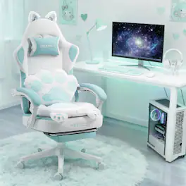 Dowinx - Meenice Gaming Chair Cute with Fluffy Seat Cushion & Lumbar Pillow, Game Chair with Cat Ear Decos for Girls - Blue