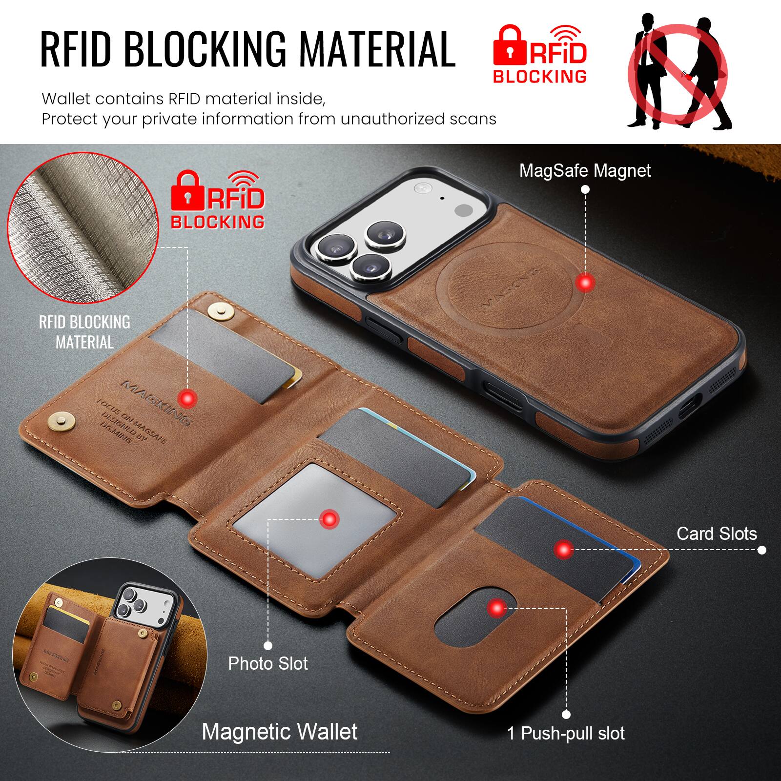 RFID BLOCKING MATERIAL

Wallet contains RFID material inside, Protect your private information from unauthorized scans

RFID BLOCKING RFID BLOCKING MATERIAL

MagSafe Magnet

Card Slots

Photo Slot

Magnetic Wallet

1 Push-pull slot