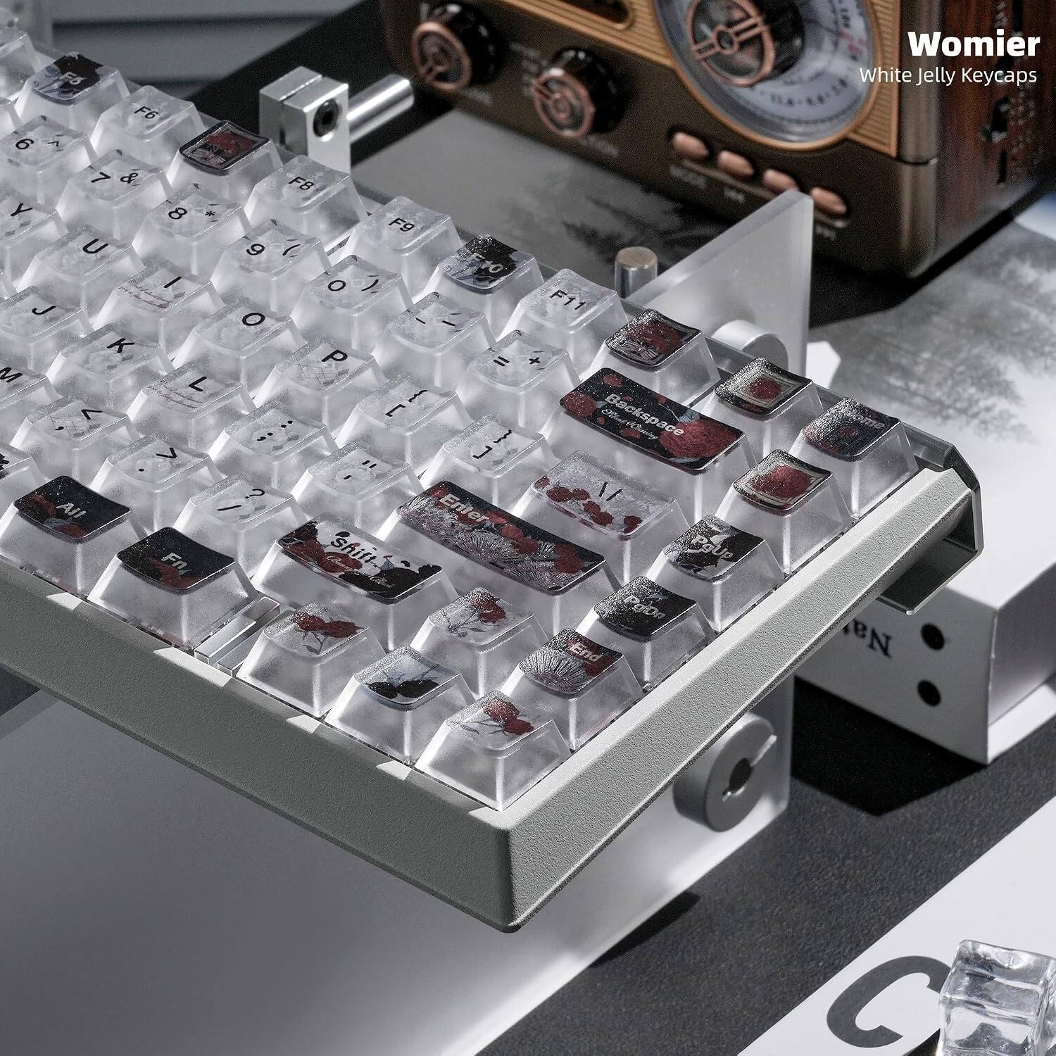 F5 F6 6 ^ 7 & F8 Y 8 * F9 U 9 ( I O ) J O K P = M L  [ > ]  Ait / Enter Fn shift.
F11 Backspace PgUp PgDn End
Womier White Jelly Keycaps Nat