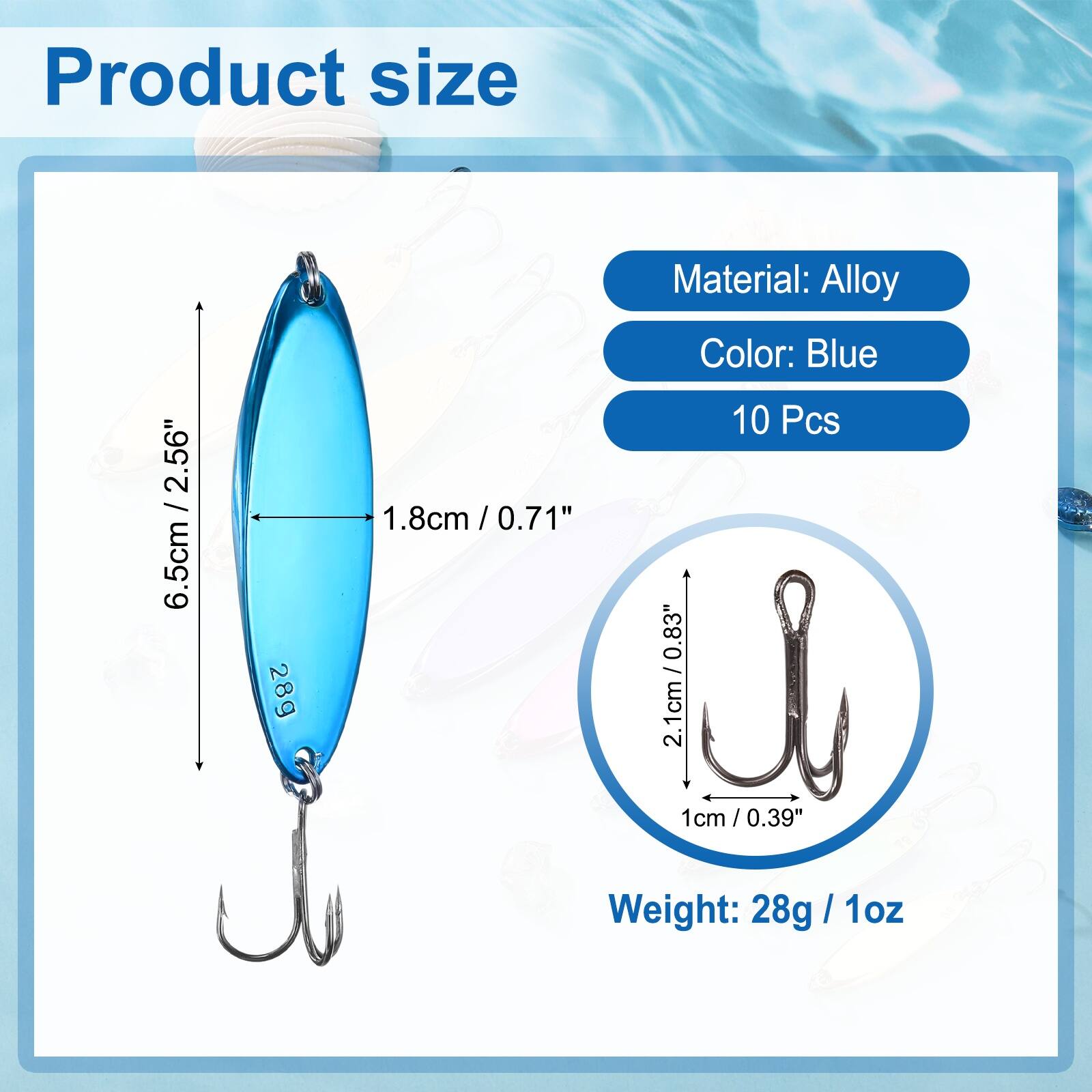Product size: 2.56" / 6.5cm  
Weight: 28g / 1oz  
Material: Alloy  
Color: Blue  
10 Pcs  

Dimensions:  
- Length: 8cm / 0.71'  
- Width: 1.8cm / 0.71"  
- Hook: 0.83" / 2.1cm  
- Hook: 1cm / 0.39"