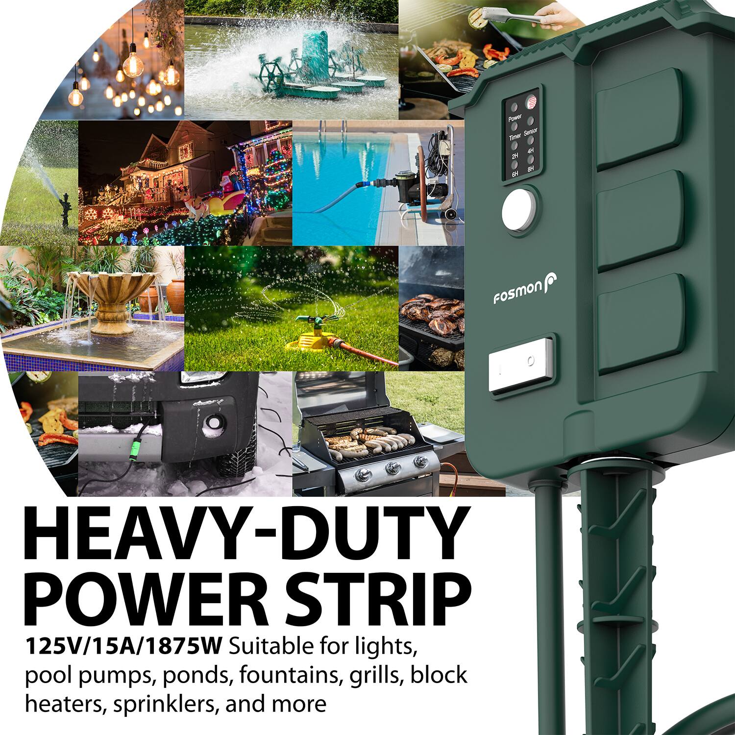 3 Poe Serpos Sner - 2 I OH Fosmon HEAVY-DUTY POWER STRIP 125V/15A/1875W Suitable for lights, pool pumps, ponds, fountains, grills, block heaters, sprinklers, and more