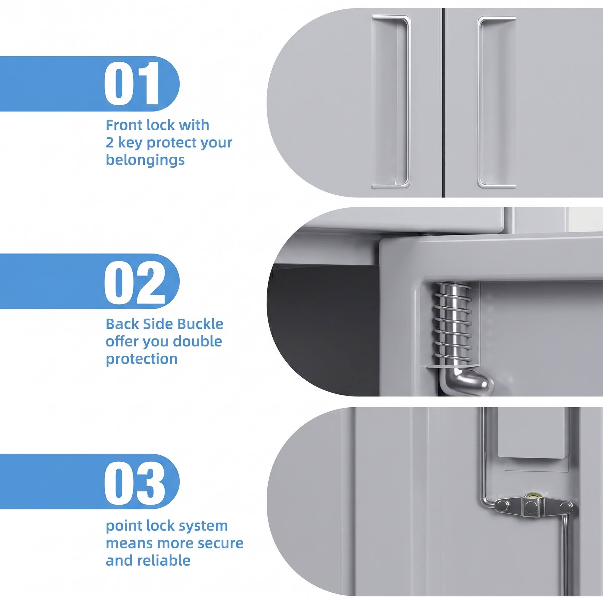 01 Front lock with 2 key protect your belongings  
02 Back Side Buckle offer you double protection  
03 Point lock system means more secure and reliable