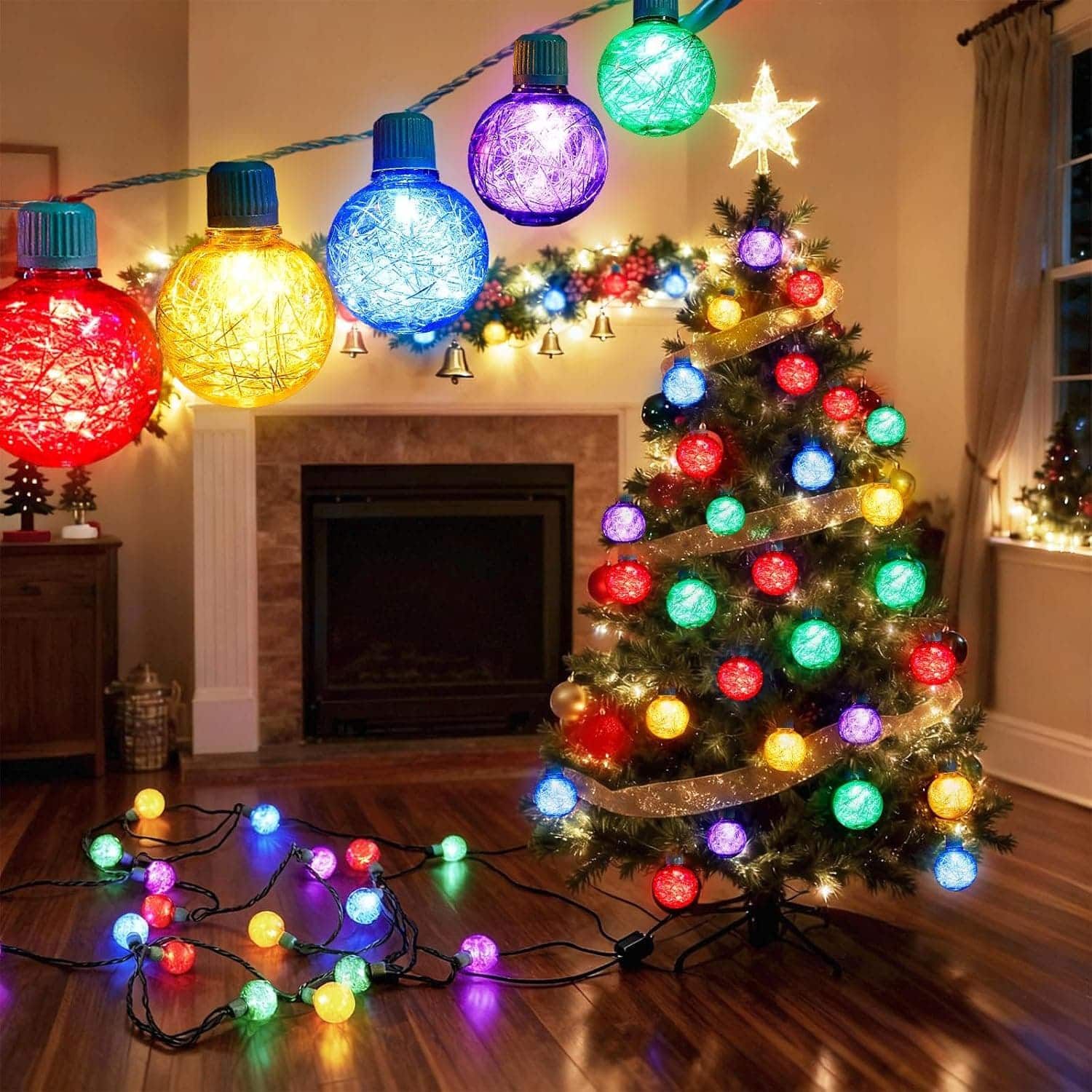 FINEAK - 18FT 25 LED G40 Globe Christmas String Lights - Plug-in Waterproof Colorful Outdoor Decor
