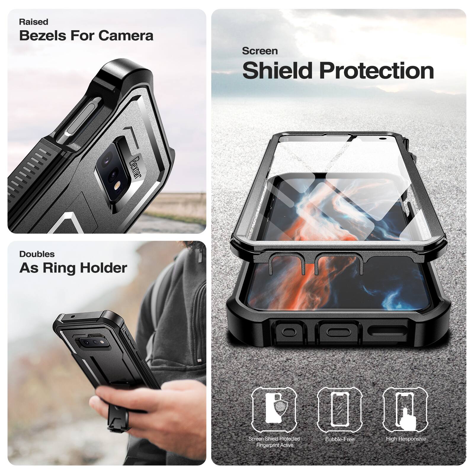 Raised Bezels For Camera  
Screen Shield Protection  
Doubles As Ring Holder  

Screen Shield Protected Fingerprint Active  
Bubble-Free  
High Responsive