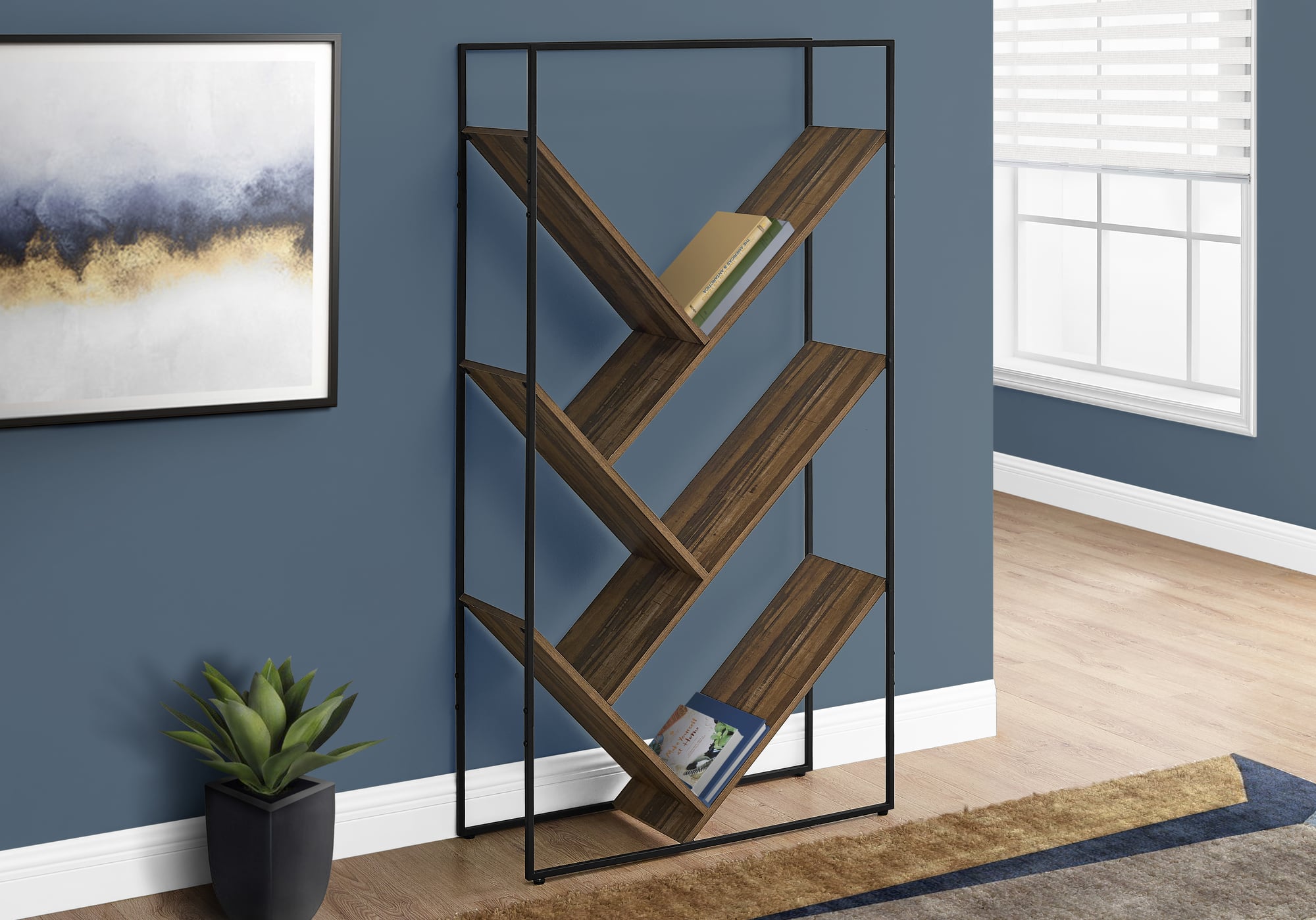 TinyHomie - Bookshelf Bookcase Etagere 3 Tier 60in H Black Laminate Black Metal - Brown