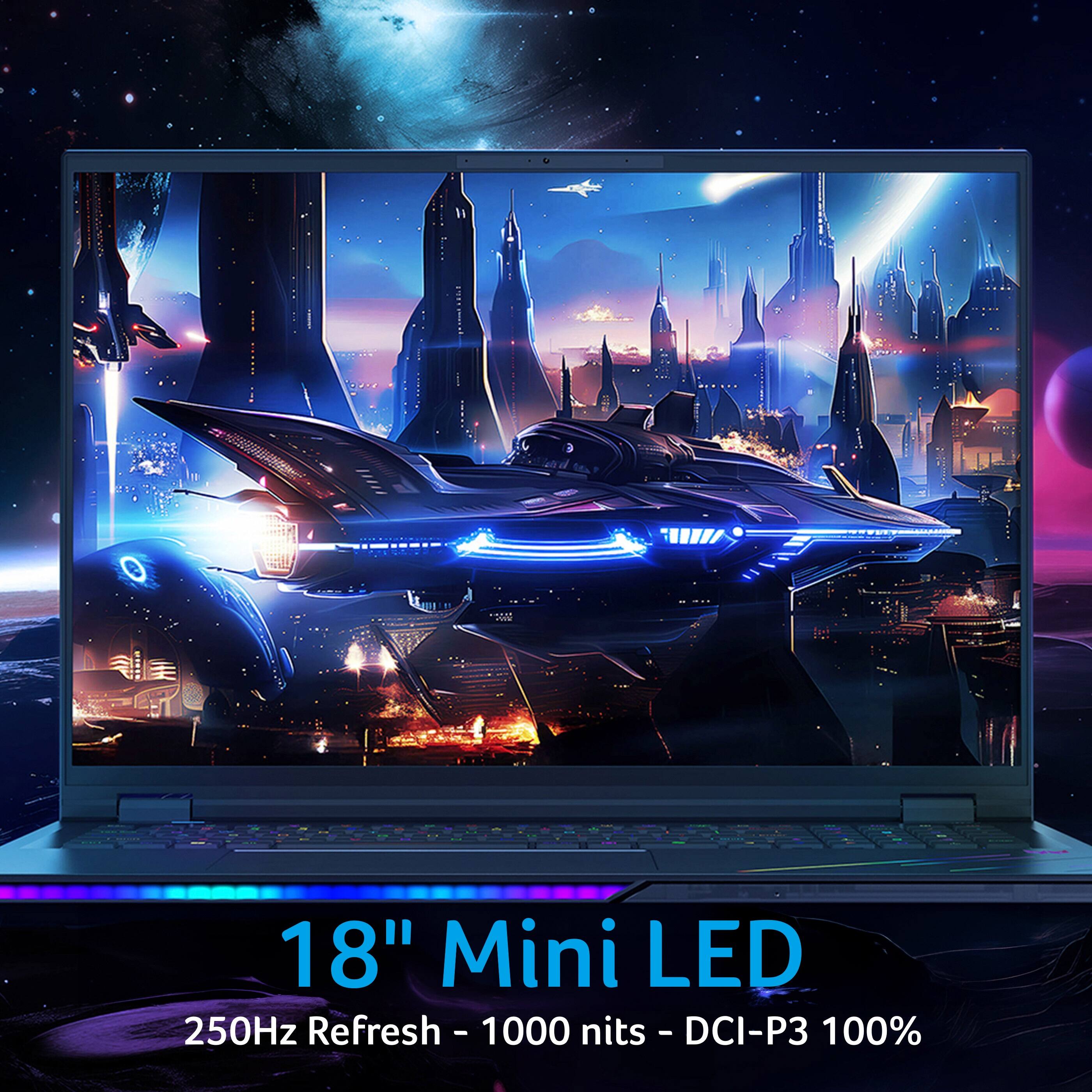The text on the image reads: "18" Mini LED 250Hz Refresh - 1000 nits - DCI-P3 100%."