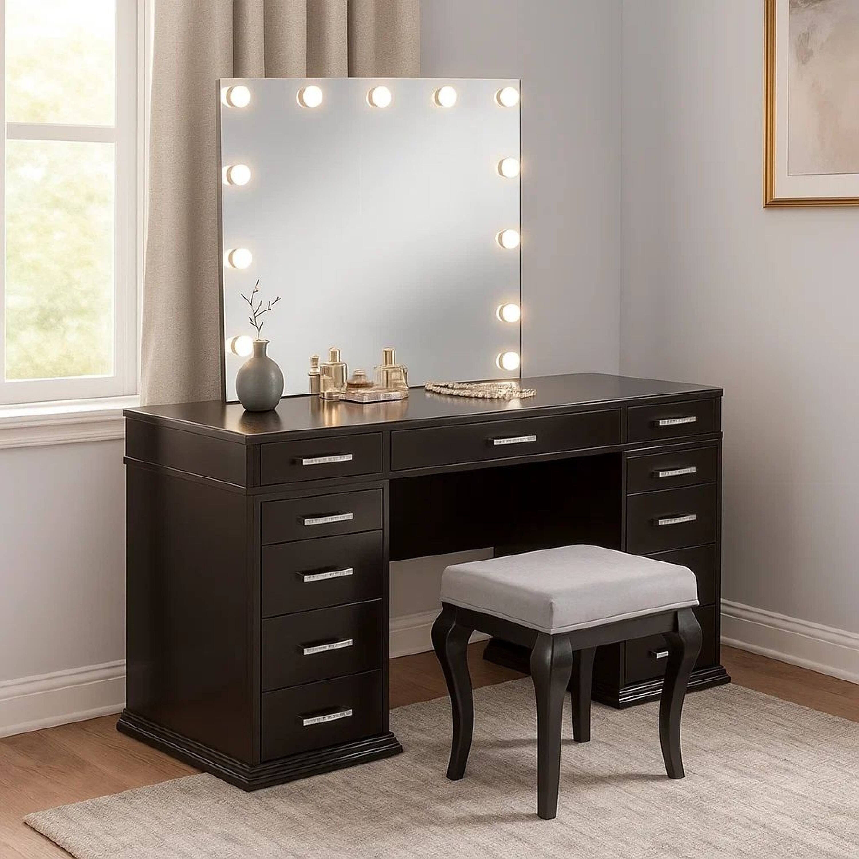 Alt View 7. Manhattan Lane - Vaz 3pc LED Mirror Vanity Table Set w Padded Stool, Glass Top - Obsidian Gray, Clear.