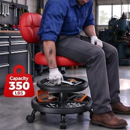 KERDOM - Swivel Rolling Shop Stool with Double Tool Tray Storage, Upgrade Mechanic Tool Chair with Backrest for Workshop Garage - Red