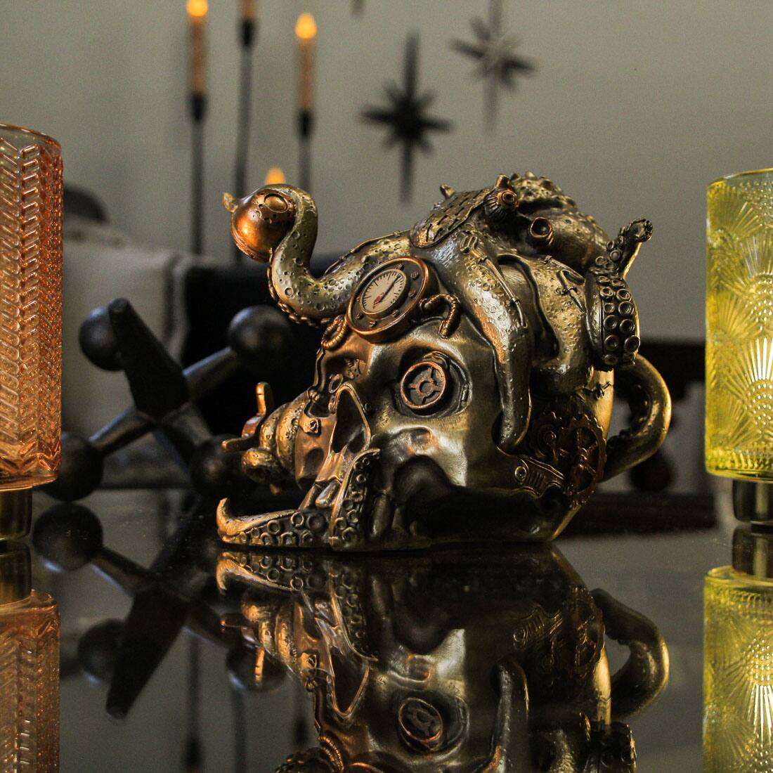 Alt View 7. Zeckos - Abyssal Bones Steampunk Mechanical Octopus On Skull Tabletop Statue - Bronze.