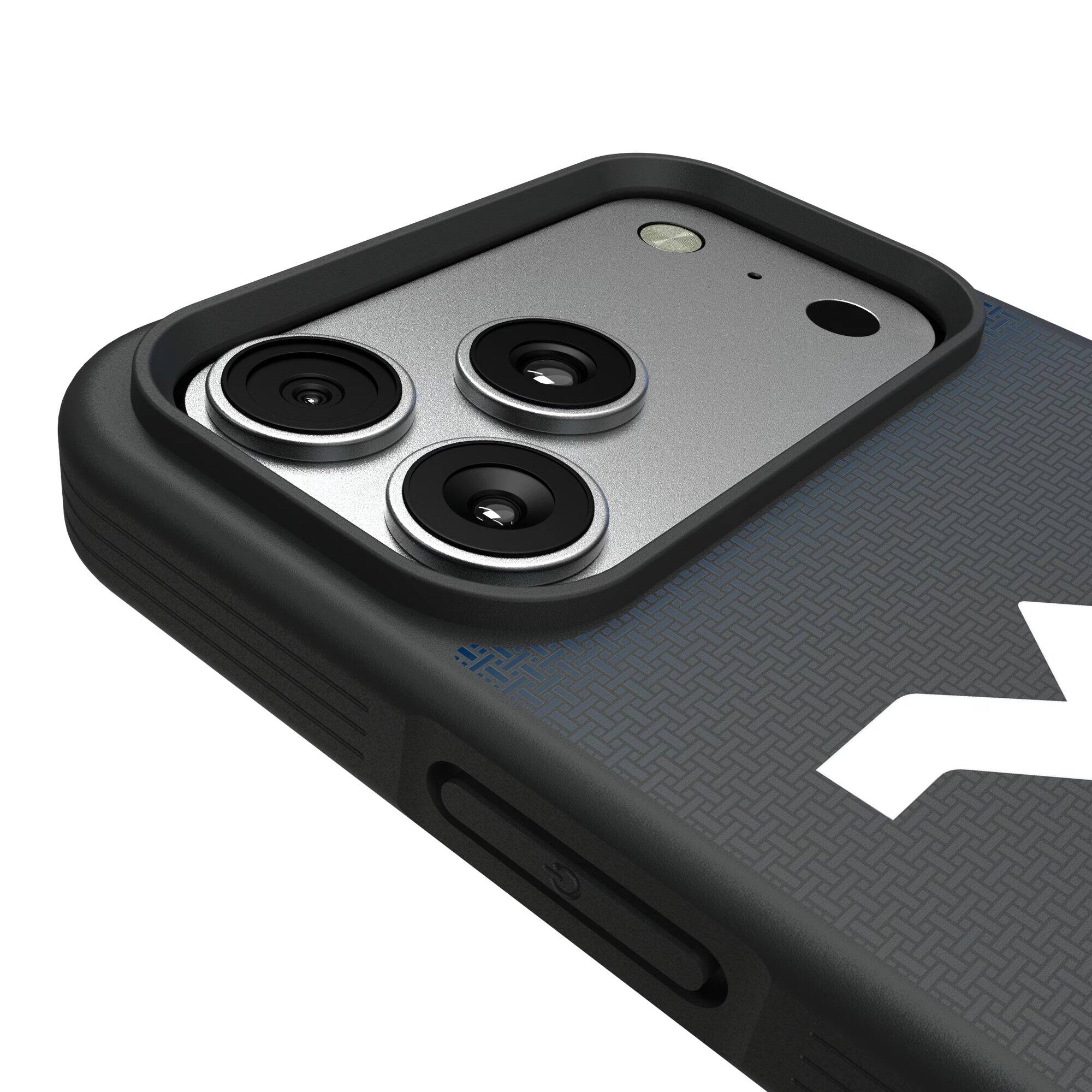 Alt View 2. Keyscaper - West Virginia Mountaineers Linen Logo iPhone Bump Case - 15 Plus - Black.