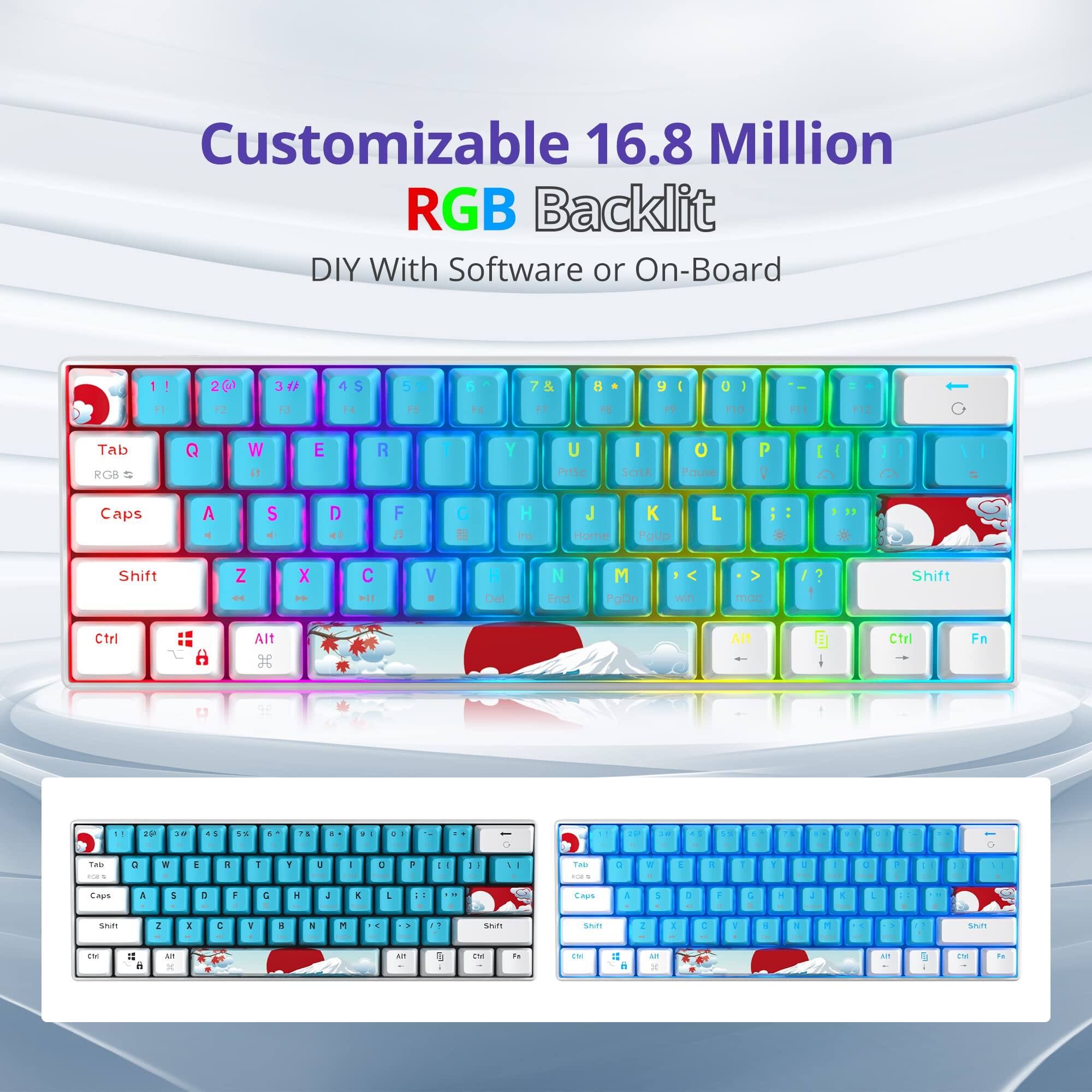 Customizable 16.8 Million RGB Backlit  
DIY With Software or On-Board  

Tab RGB =  
Caps  
Shift  
Ctrl  
Alt  
Fn  

Q W E R T Y U I O P  
A S D F G H J K L  
Z X C V B N M