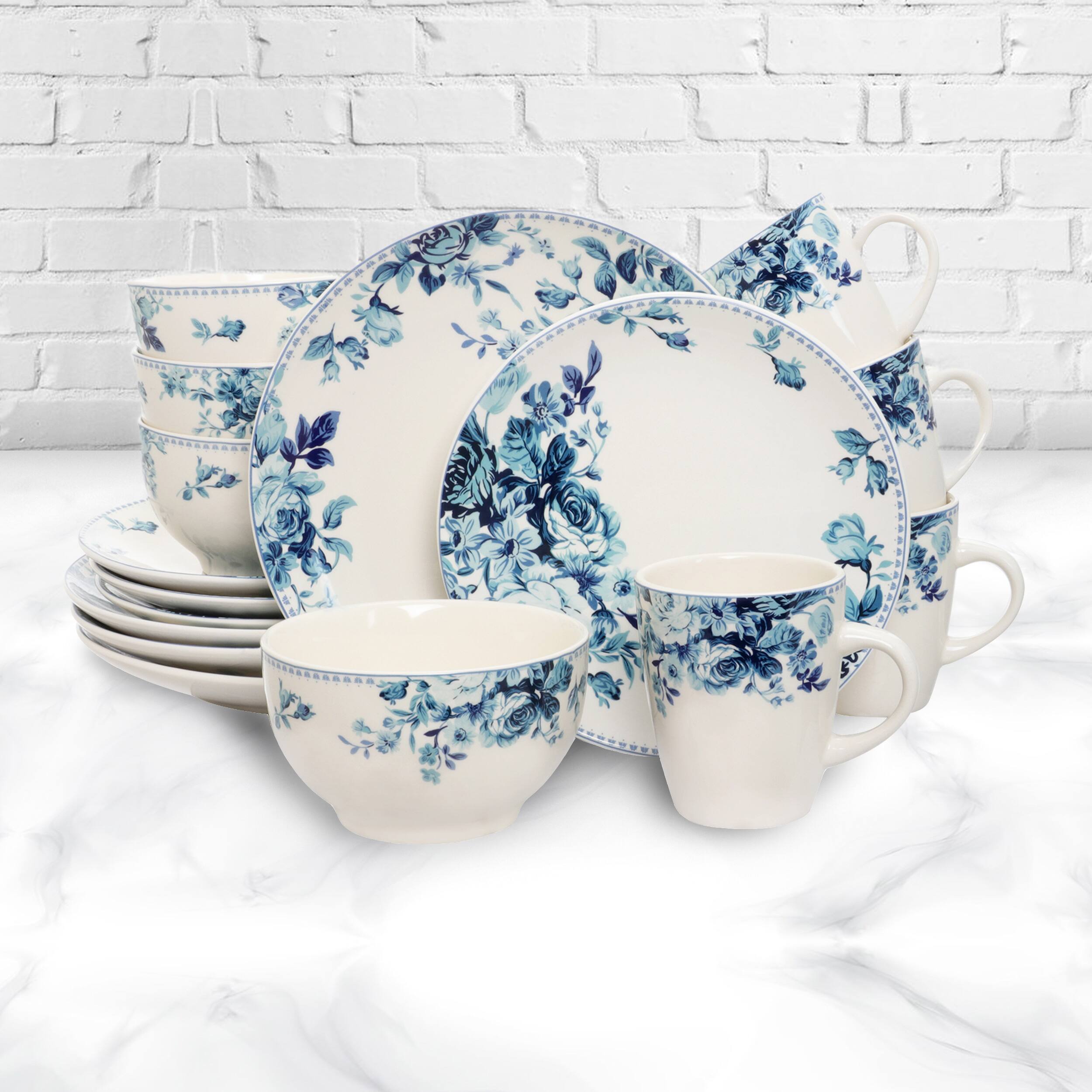 Alt View 1. Elama - Elama Traditional Blue Rose 16 Piece Dinnerware Set - Blue.