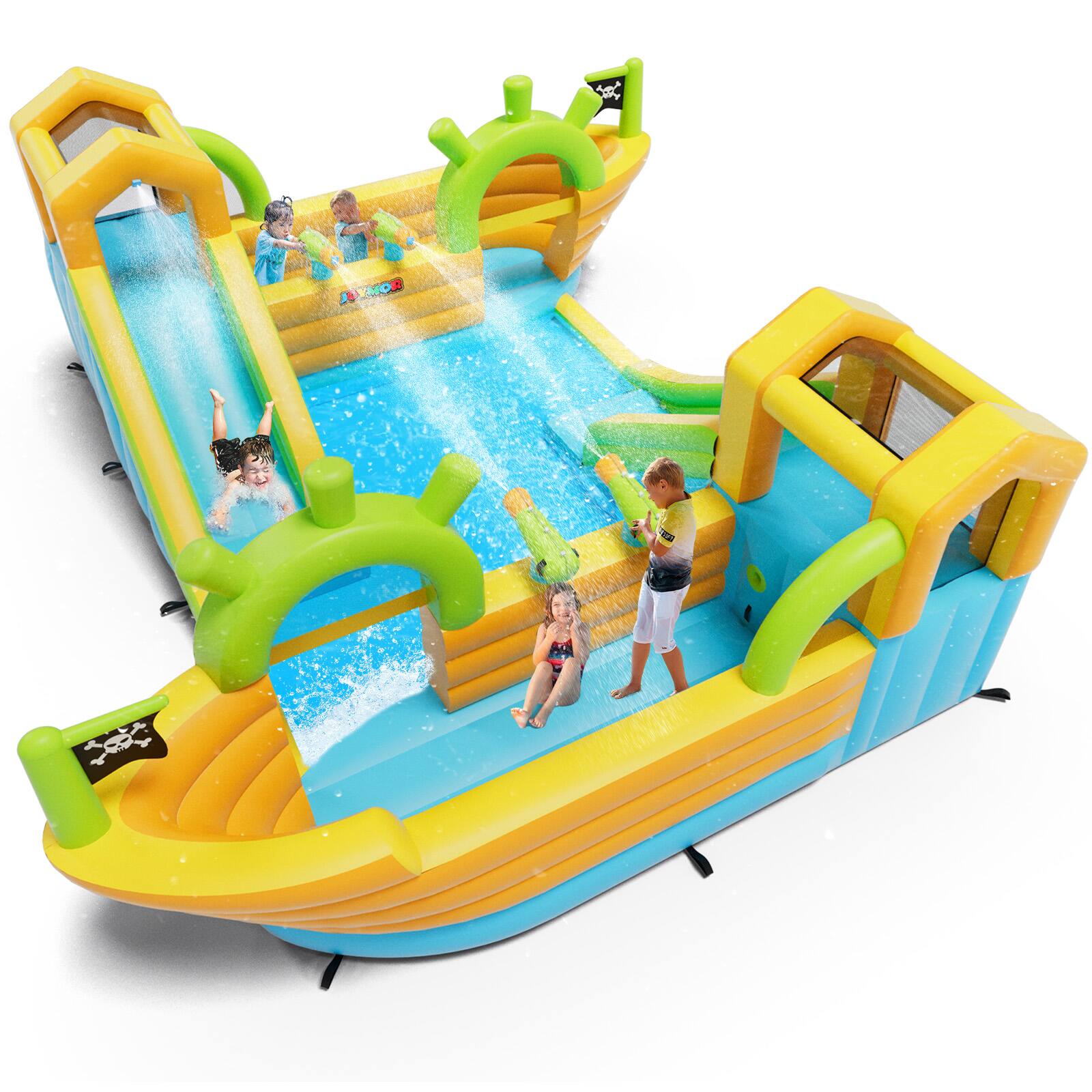 Angle. Winado - Inflatable Water Slide Park, 2 Pirate-Boat Giant Water Slide Bounce House w/4 Water Cannons, Challenge Climbing Wall.