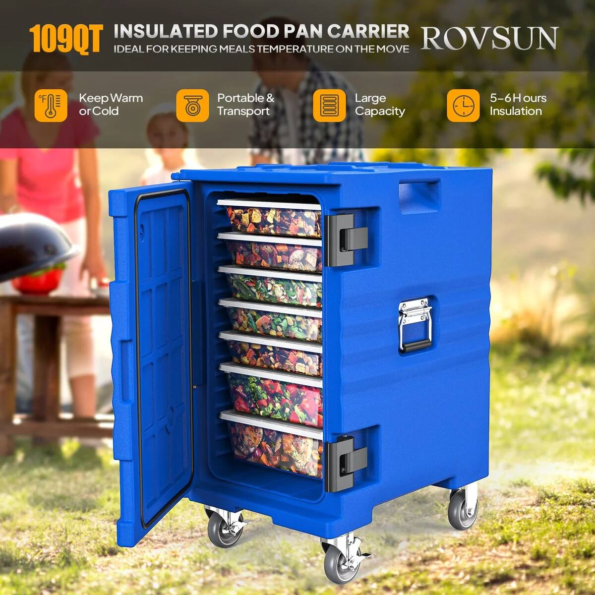 109QT INSULATED FOOD PAN CARRIER ROVSUN  
IDEAL FOR KEEPING MEALS TEMPERATURE ON THE MOVE  

- Keep Warm or Cold  
- Portable & Transport  
- Large Capacity  
- 5-6 Hours Insulation