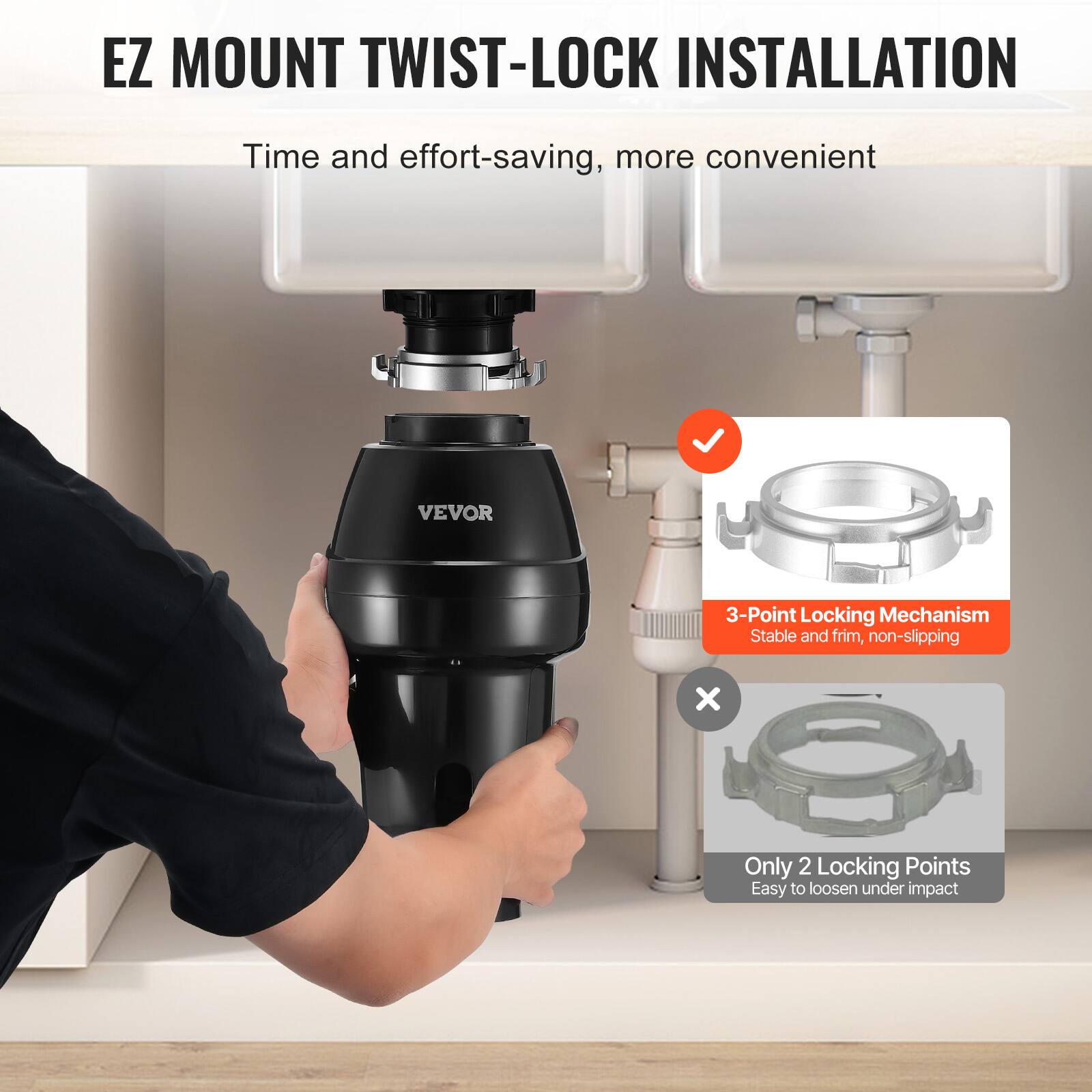 EZ MOUNT TWIST-LOCK INSTALLATION  
Time and effort-saving, more convenient  

VEVOR 3-Point Locking Mechanism  
Stable and firm, non-slipping  

Only 2 Locking Points  
Easy to loosen under impact