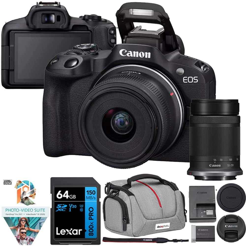 Canon - EOS R50 Mirrorless Camera w/ 2 Lens Kit 18-45mm + 55-210mm + 64GB Memory Bundle