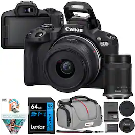 Canon - EOS R50 Mirrorless Camera w/ 2 Lens Kit 18-45mm + 55-210mm + 64GB Memory Bundle