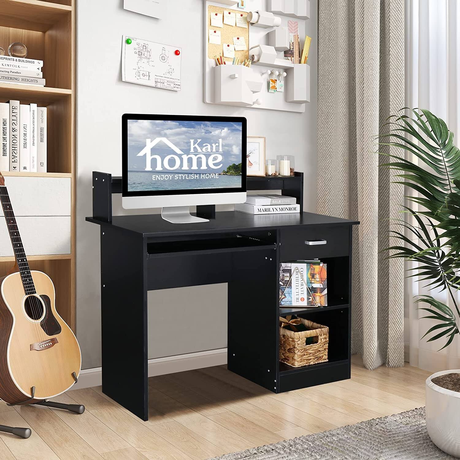 Sure, here is the corrected and grouped text from the image:

**Books:**
- EPRINTS & BUILDINGS
- KINFOLK
- LUTHERING HEIGHTS
- MARILYN MONROE
- CENTRAL PARK
- MARILYN MONROE

**Text on Screen:**
- Karl home
- ENJOY STYLISH HOME

**Other Text:**
- FASHION - UN
- 10S7 R I I m20

**Additional Details:**
- The image shows a modern home office setup with a computer, books, a guitar, and decorative items.