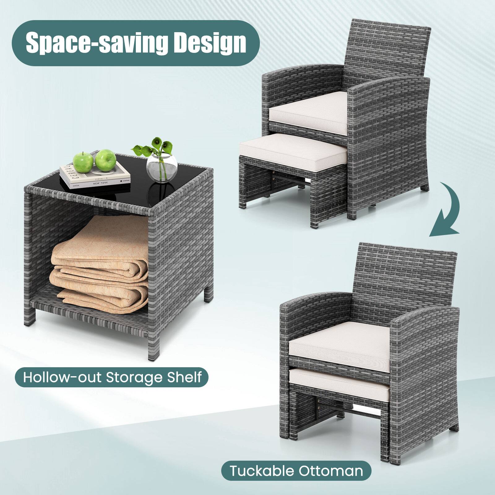 Space-saving Design

Hollow-out Storage Shelf

Tuckable Ottoman