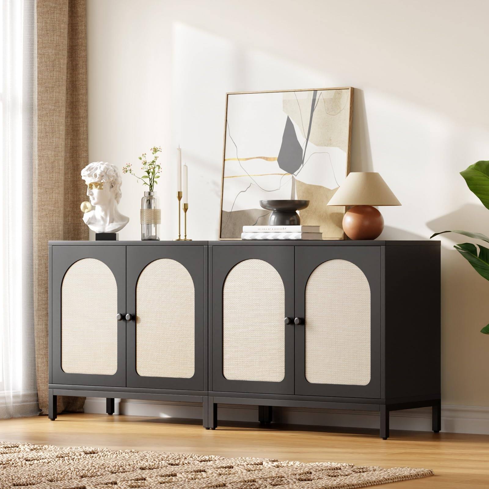 Front. Qeetex - Rattan Sideboard Buffet Cabinet 2-Pack with Adjustable Shelves, Rattan Doors & Large Storage - Black.