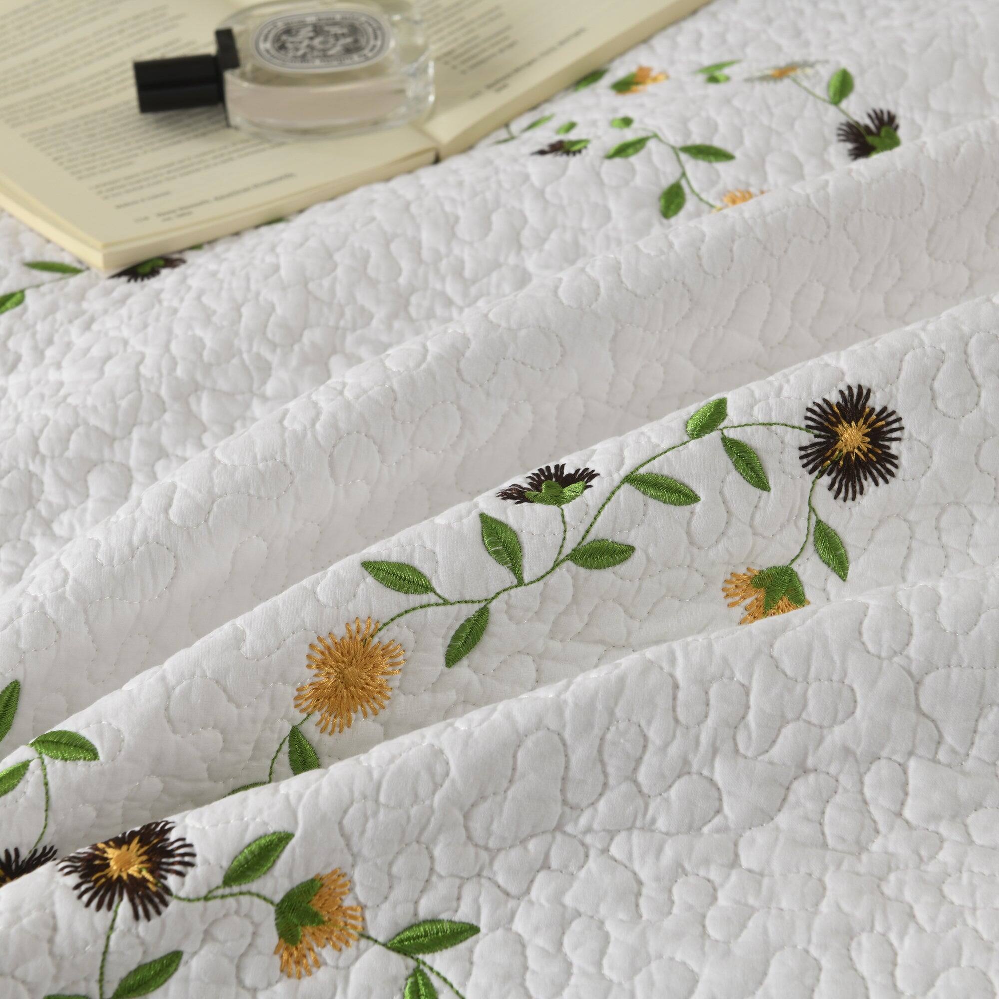 Alt View 1. MarCielo - MarCielo 3 Piece 100% Cotton Cover Floral Vine Embroidered Cottage Quilt Bedspread Set - White.
