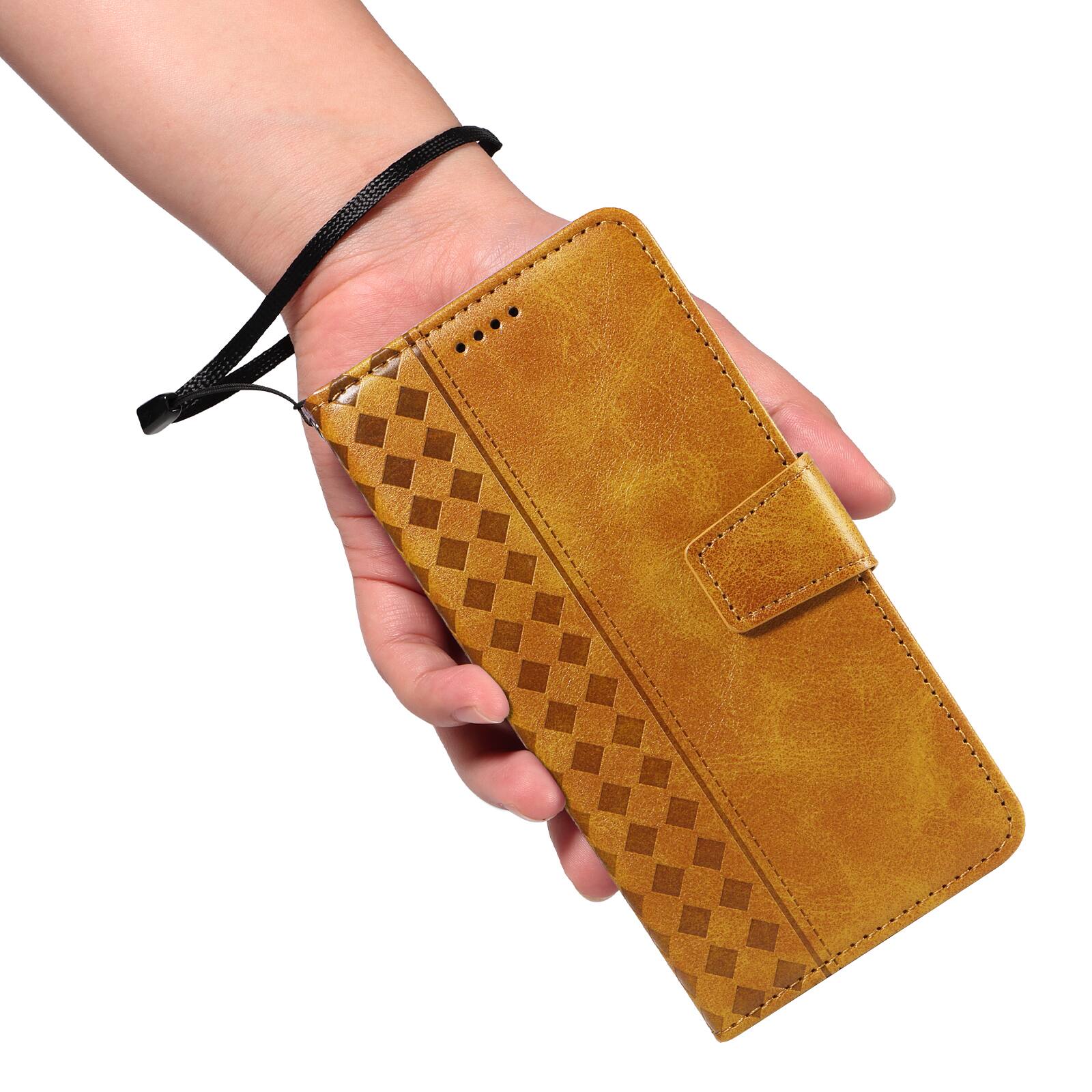 Left. Dteck - Magnetic Wallet Pocket Case For Apple iPhone 17 Pro, Shockproof Faux Leather Card Pocket Wrist Strap Cover - Yellow.