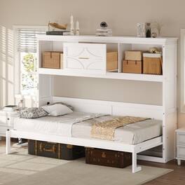 Whisen - Twin Size Murphy Bed with Charging Station, Storage Drawer, Space-Saving Bed for Guest Room - White