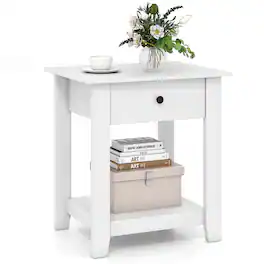 Costway - Nightstand with Drawer 3-Tier Modern Bedside Table with Open Shelf Storage - White