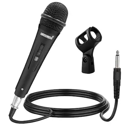 The image shows a black dynamic microphone with a metal grille, a stand adapter, and a coiled cable.