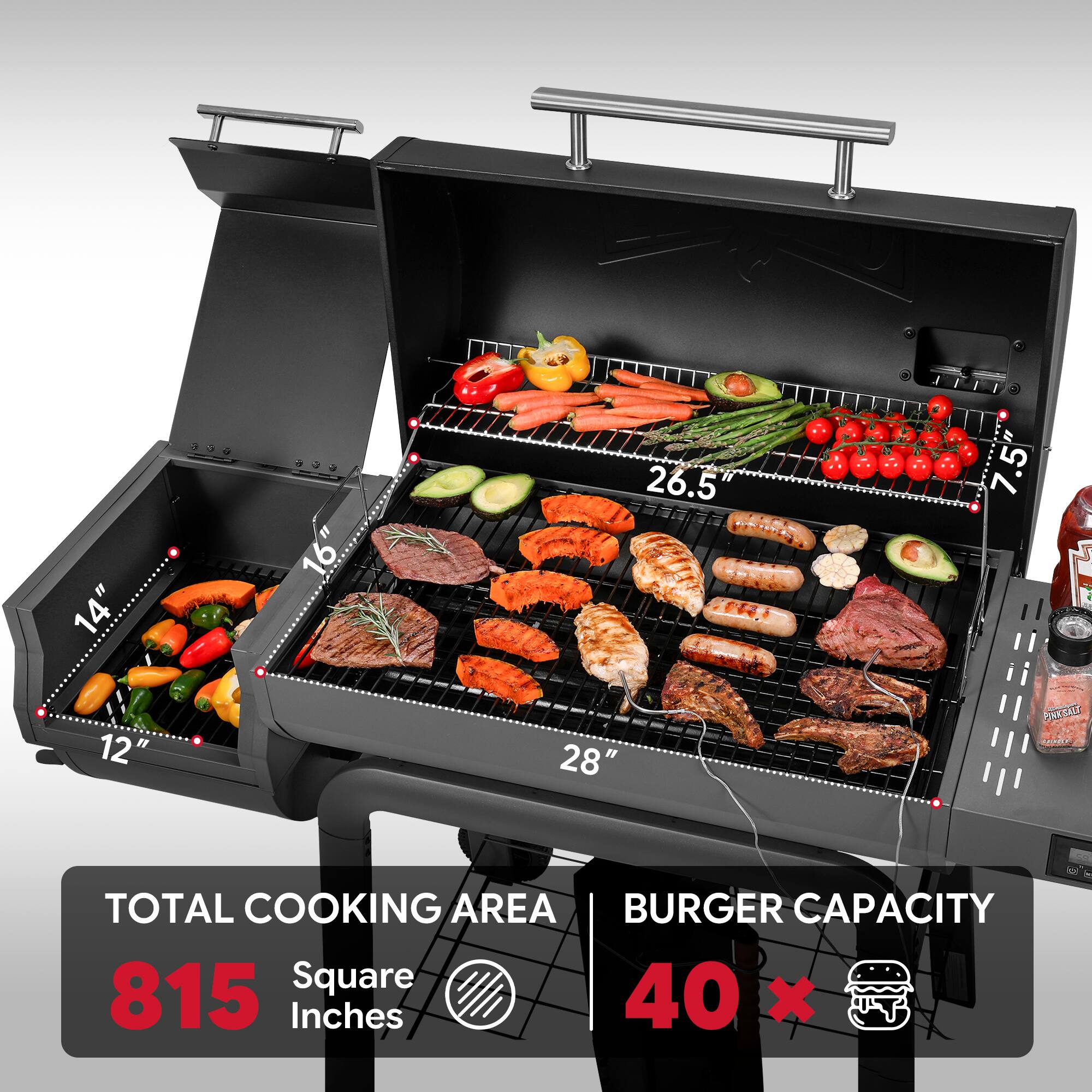 TFL 1  
14" ... 16" 26.5 7.5 .5 7. 12" 28"  
PARSATE SAEA  
TOTAL COOKING AREA  
815 Square Inches  
BURGER CAPACITY  
40 x